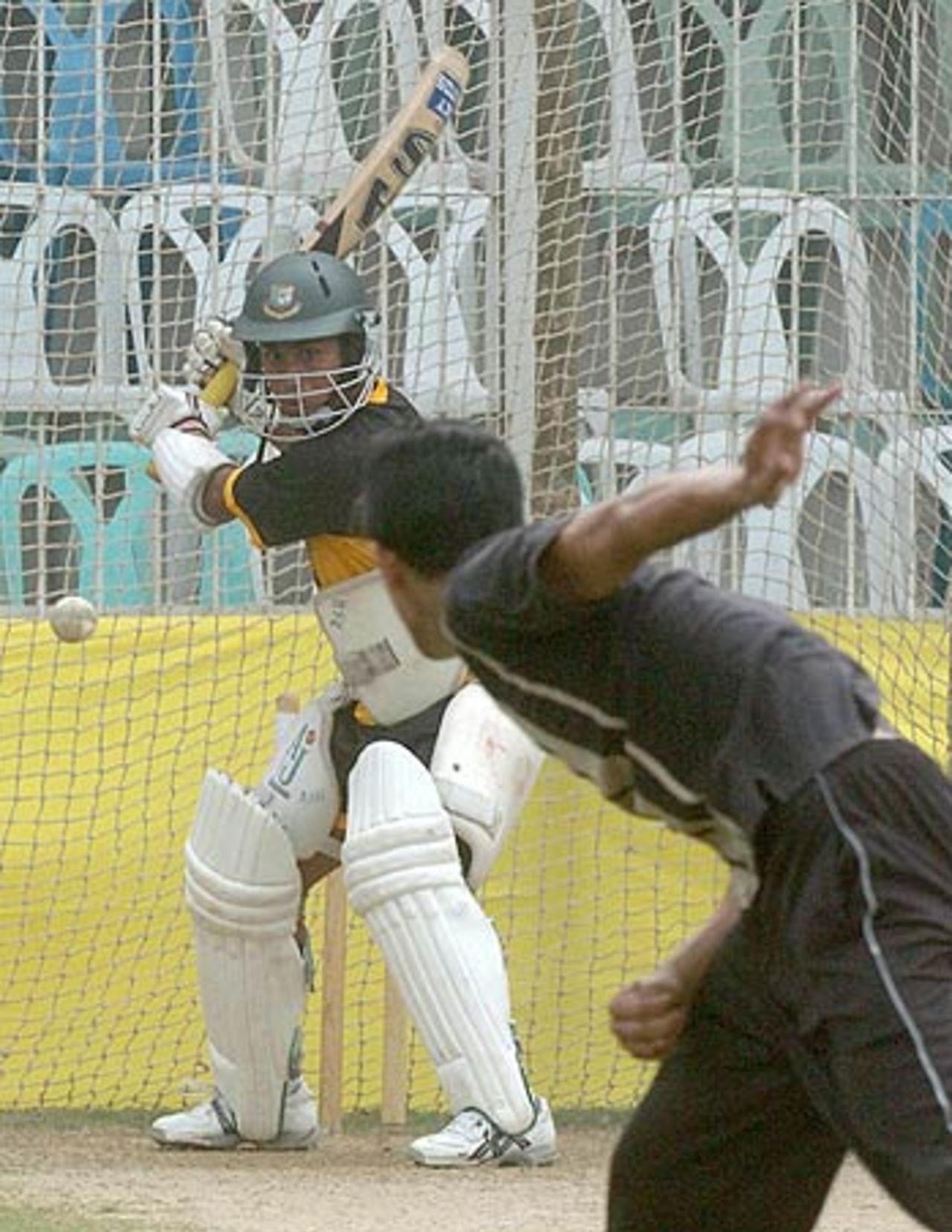 Mohammad Ashraful bats during practice at the Bogra District Stadium, Bogra, February 20, 2006