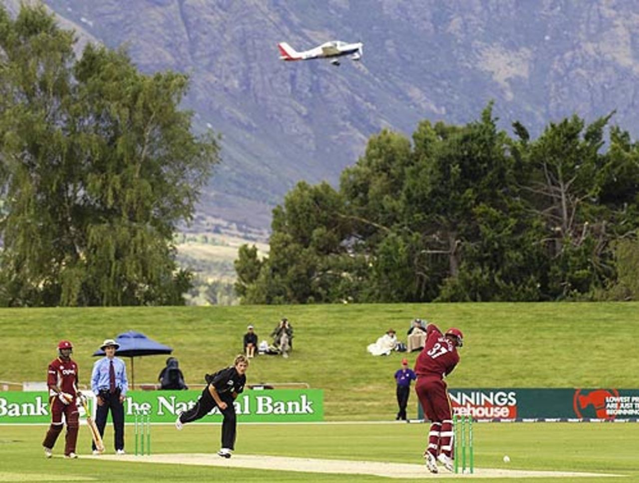 An aircraft takes off during play,
New Zealand v West Indies, 2nd ODI, Queenstown, February 22 2006