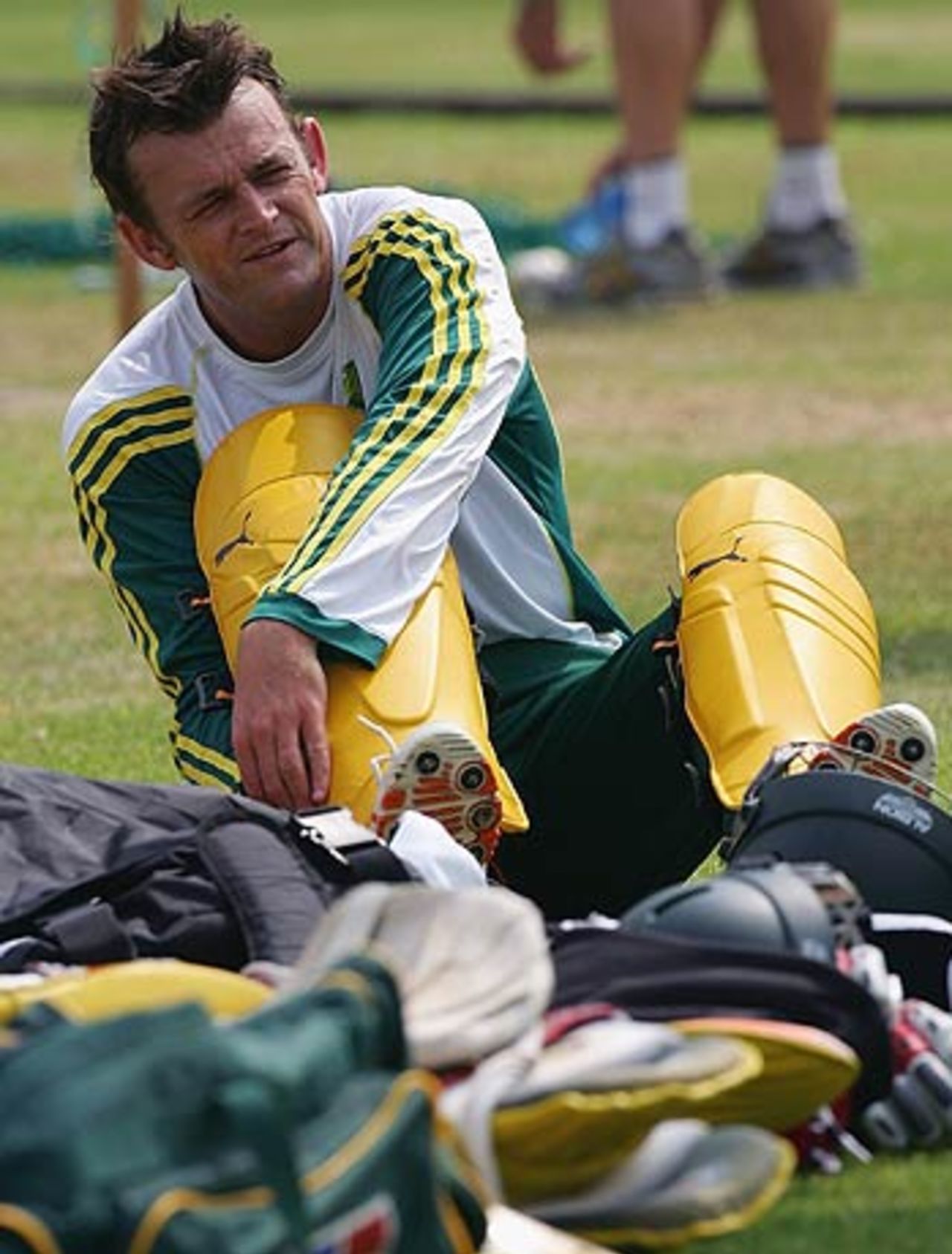Adam Gilchrist pads up for a practice session, Johannesburg, February 22, 2006