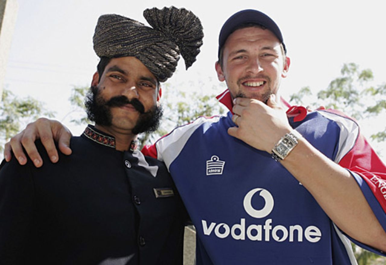 Steve Harmison compares beards with his new friend, Baroda, February 22, 2006