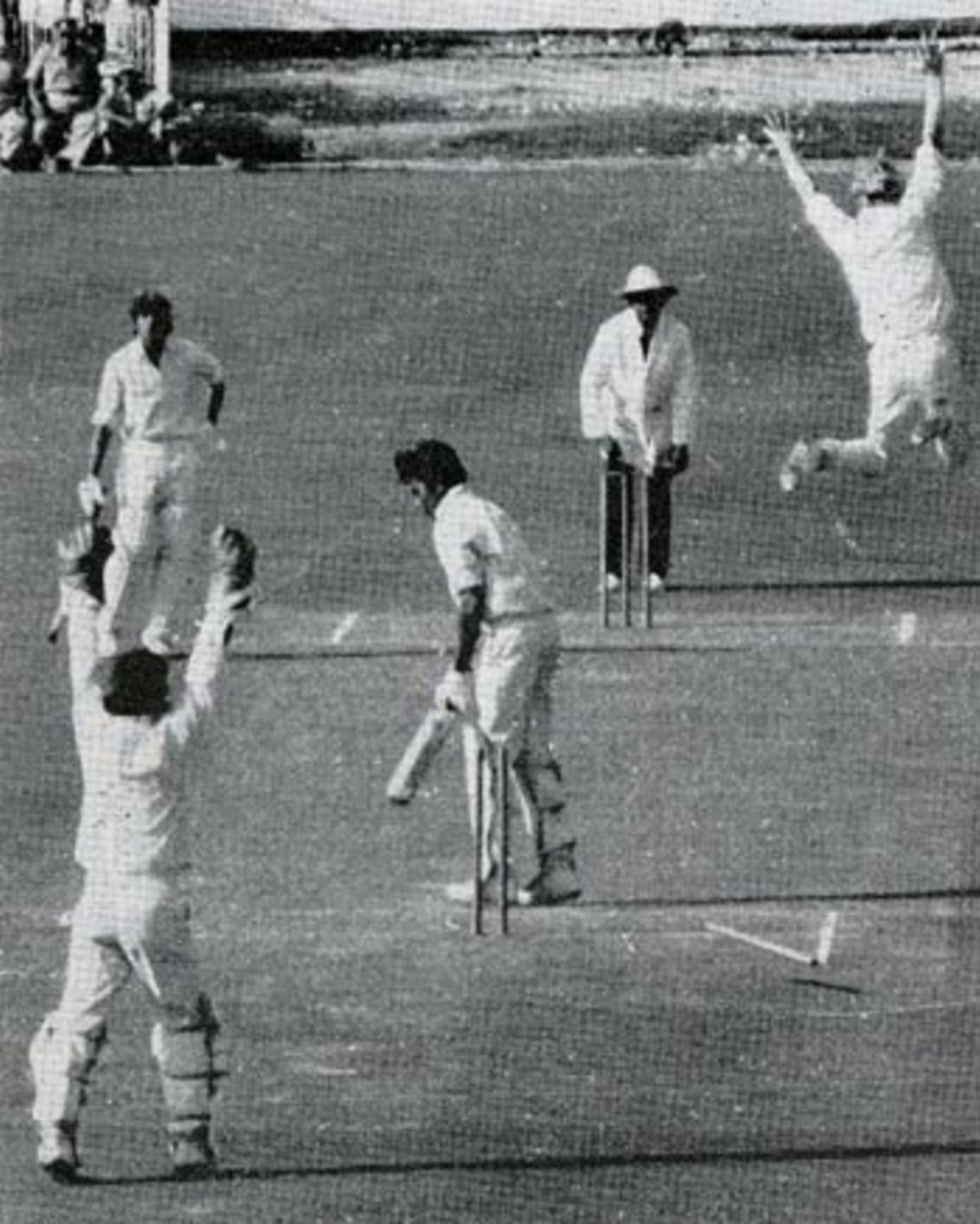 Tony Greig leaps in delight as he bowls Salim Durani for 4, India v England, 2nd Test, December 30, 1972