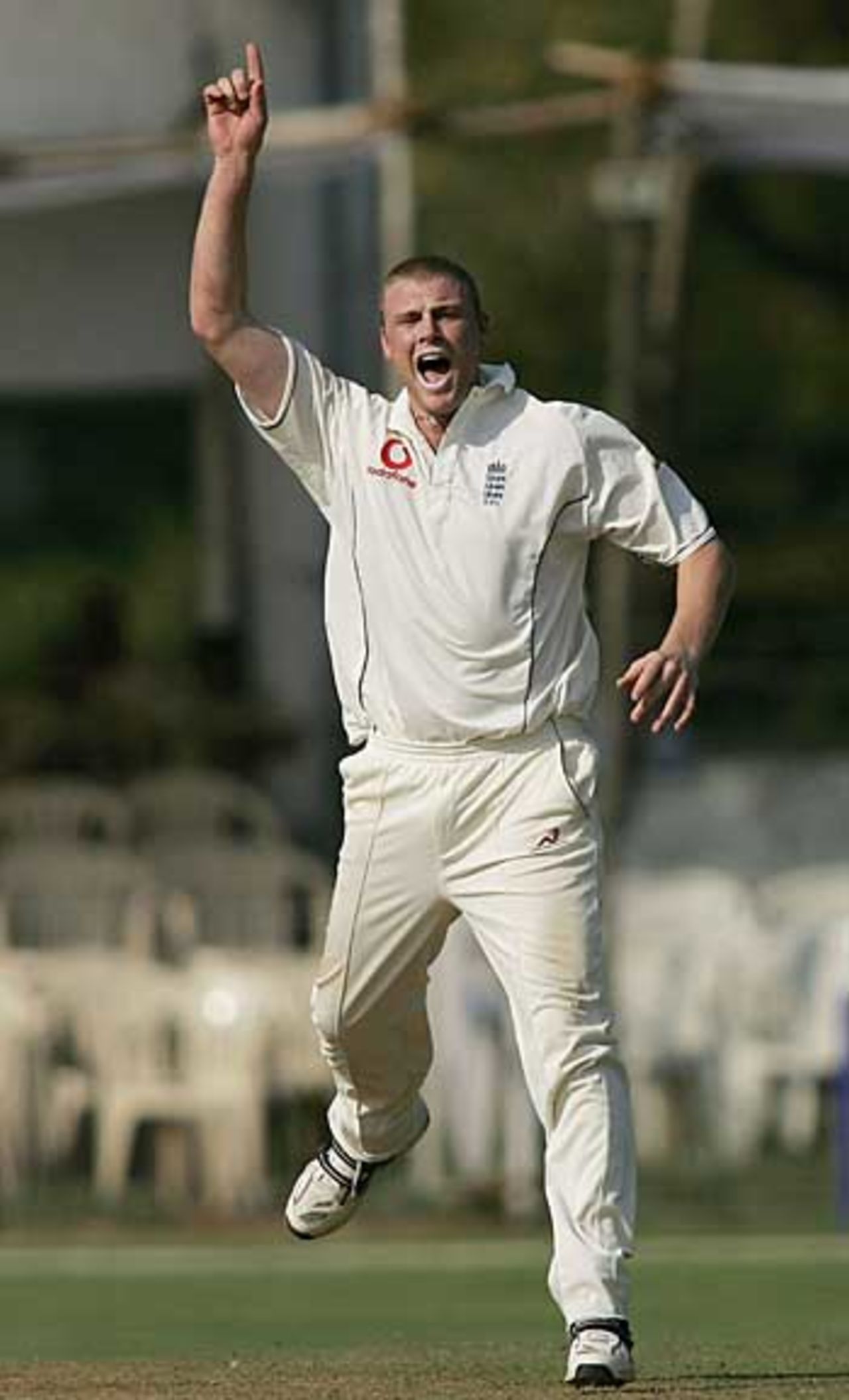Andrew Flintoff yells an appeal, Indian Board President's XI v England XI, Tour game, Vadodara, 2nd day, February 24, 2006