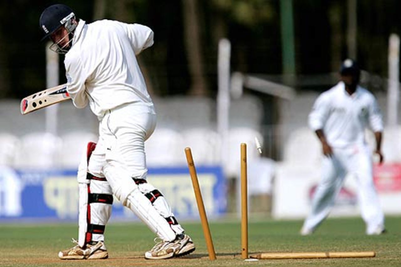 Ian Blackwell loses his middle-stump to Munaf Patel, Board President's XI v England, Tour Match, Vadodara, February 25, 2006