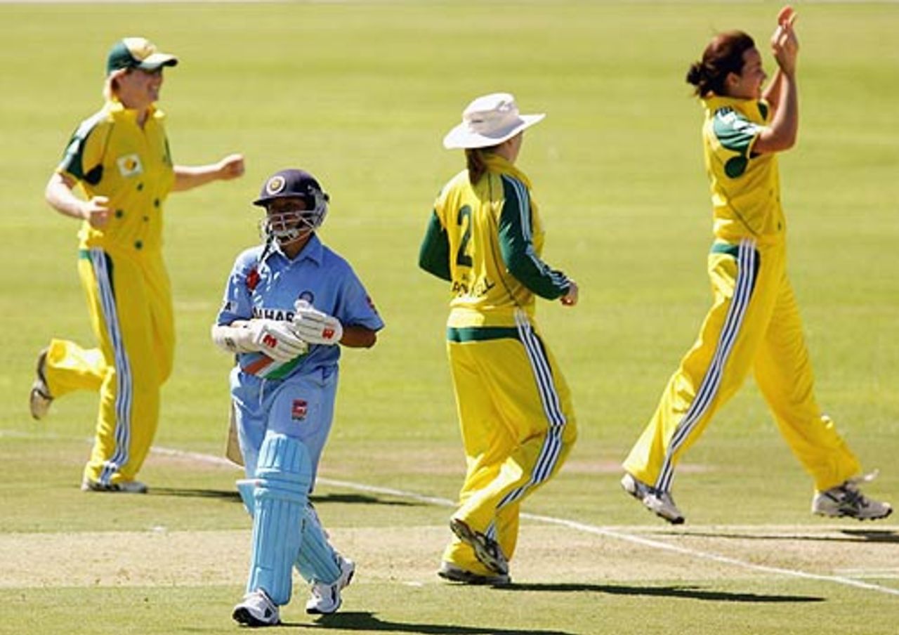 Australian cricketers celebrate the wicket of Jaya Sharma, Australia Women v India Women, 3rd ODI, Woodville Oval, Adelaide, February 28, 2006