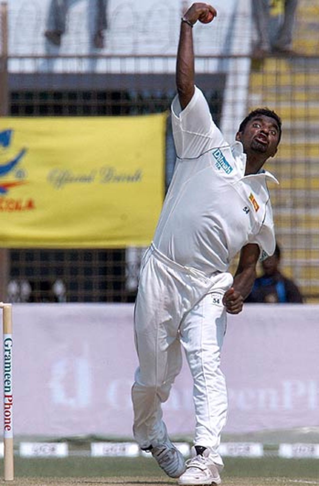 Muttiah Muralitharan bowls in his 100th Test - and went wicketless in the first two sessions, Bangladesh v Sri Lanka, 1st Test, Chittagong, February 28, 2006