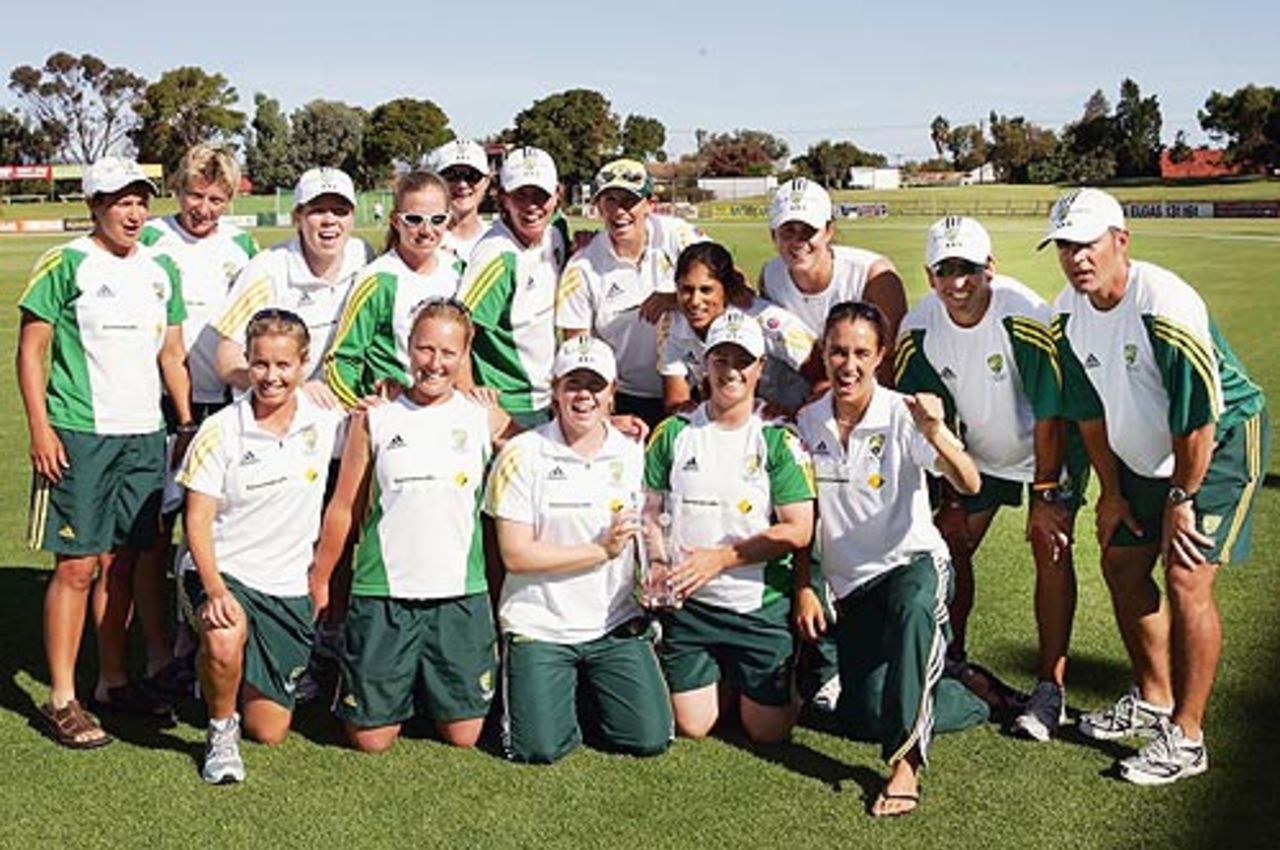 The Australian women's team pose with the series trophy after beating India at Adelaide, Australia Women v India Women, 3rd ODI, Adelaide, February 28 2006
