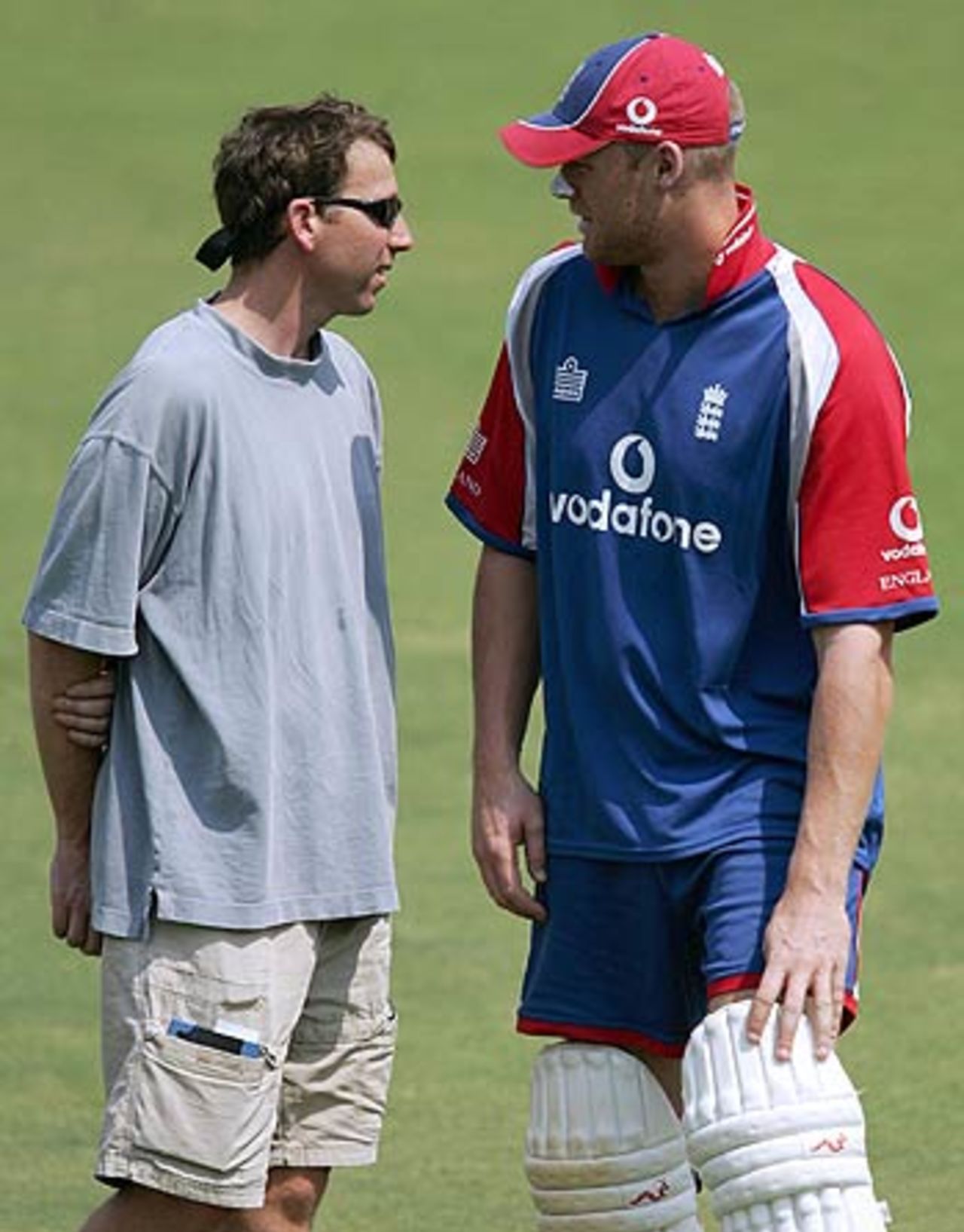 Andrew Flintoff chats with Mike Atherton on the eve of the first Test, Nagpur, February 28, 2006