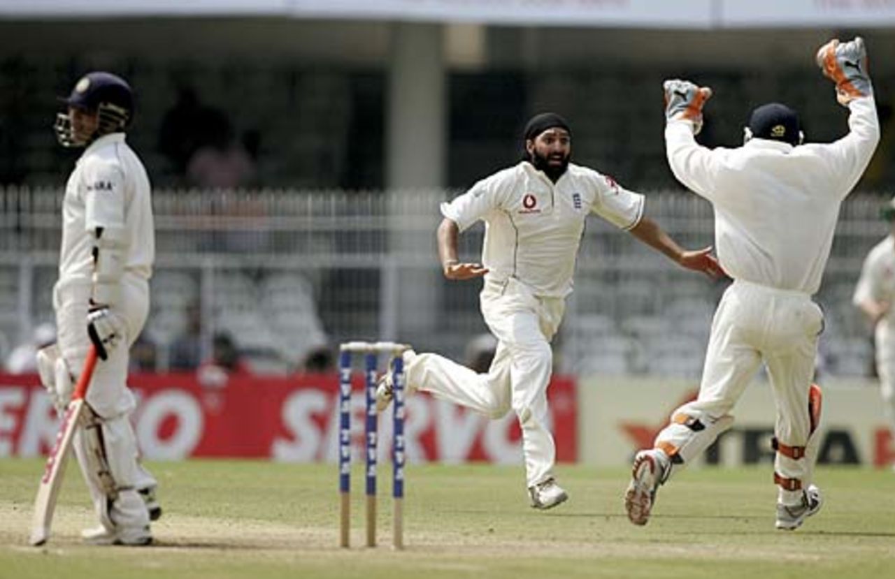 What a start - a delighted Monty Panesar dismisses Sachin Tendulkar, India v England, 1st Test, Nagpur, 3rd day, March 3 2006