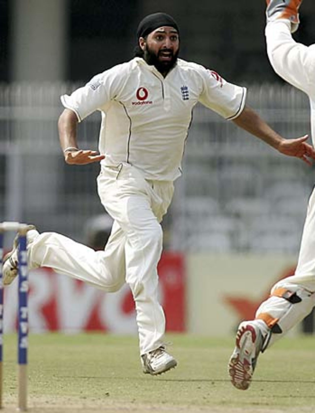A delighted Monty Panesar celebrates his first Test wicket, that of Sachin Tendulkar, India v England, 1st Test, Nagpur, 3rd day, March 3 2006