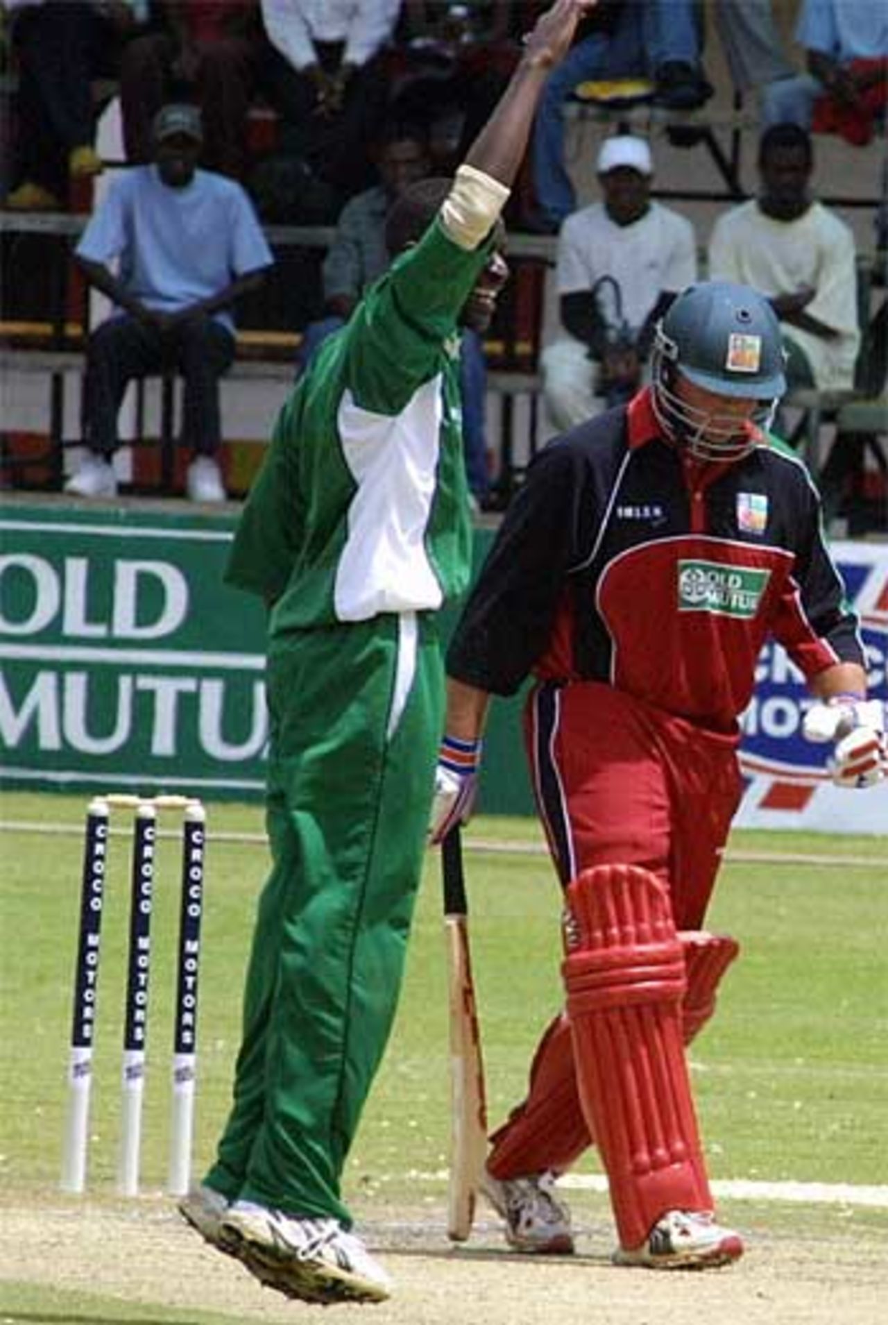 Tony Suji celebrates removing Terrence Duffin .. but Kenya ultimately lose, Zimbabwe v Kenya, 4th ODI, Harare, March 1, 2006
