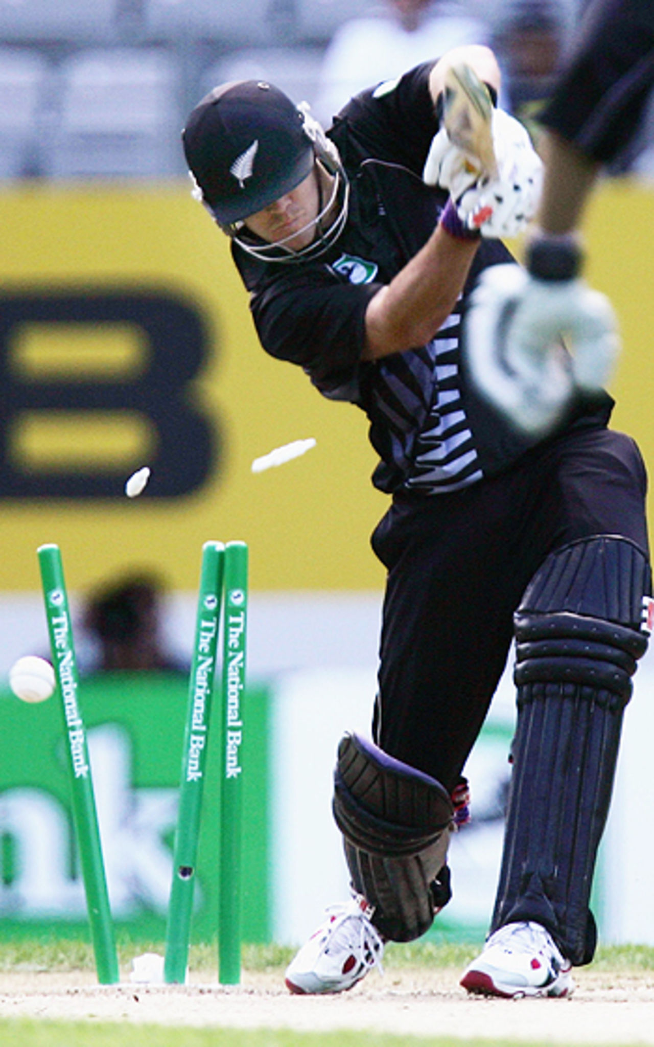 Lou Vincent is cleaned up by Ian Bradshaw, New Zealand v West Indies, 5th ODI, Auckland, March 4, 2006 