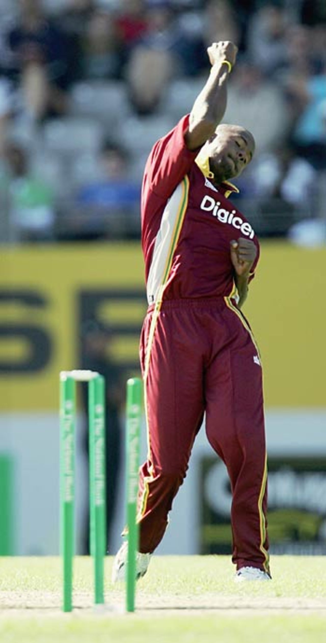 Dwayne Smith celebrates in style after cleaning up Hamish Marshall, New Zealand v West Indies, 5th ODI, Auckland, March 4, 2006