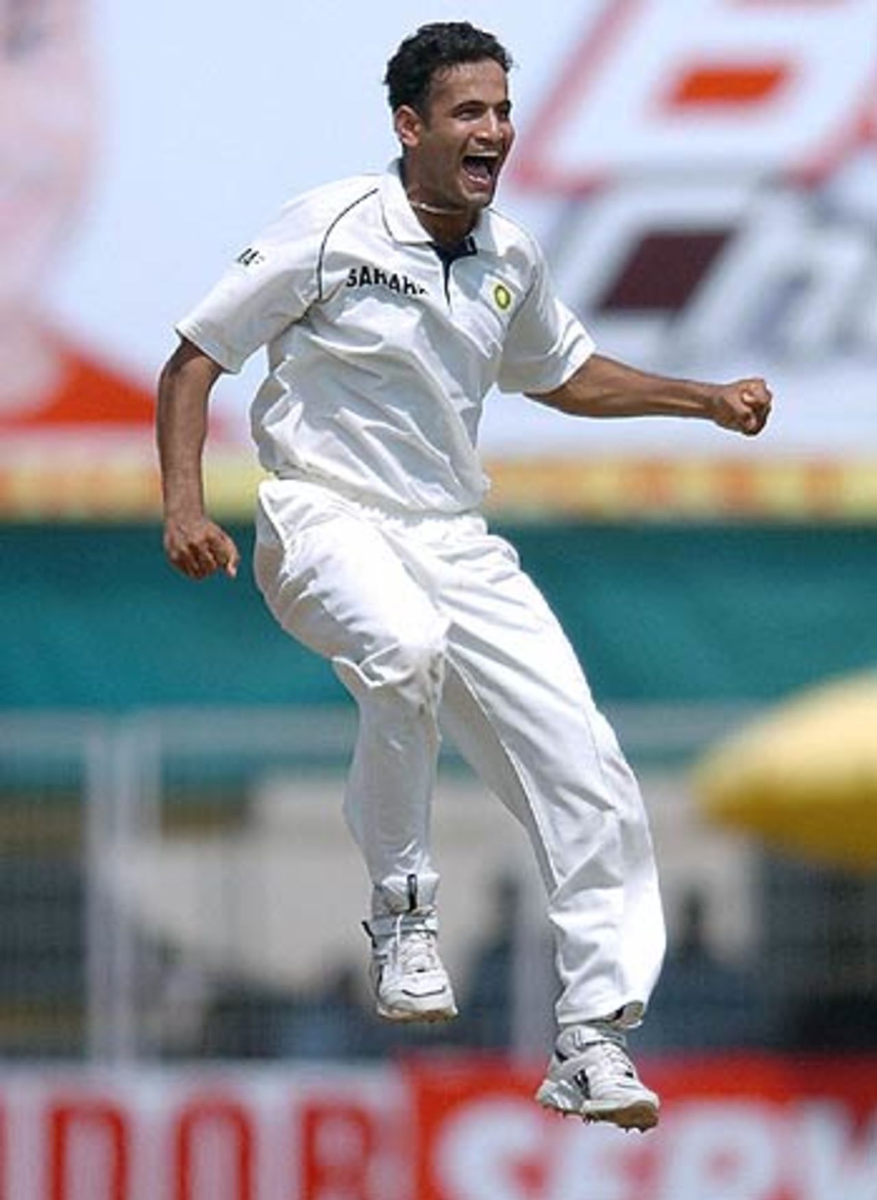 Irfan Pathan celebrates the wicket of Ian Bell, India v England, Nagpur, March 4, 2006