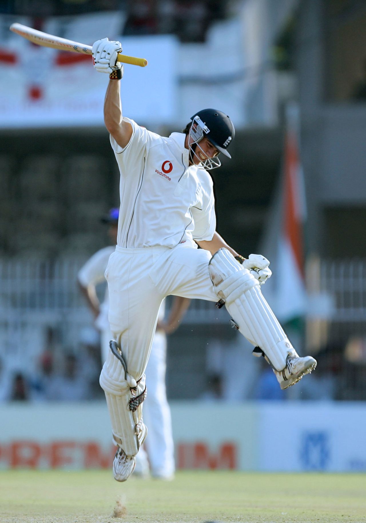 Jumping for joy: Alastair Cook leaps in delight after reaching his century, India v England, 1st Test, Nagpur, March 4, 2006