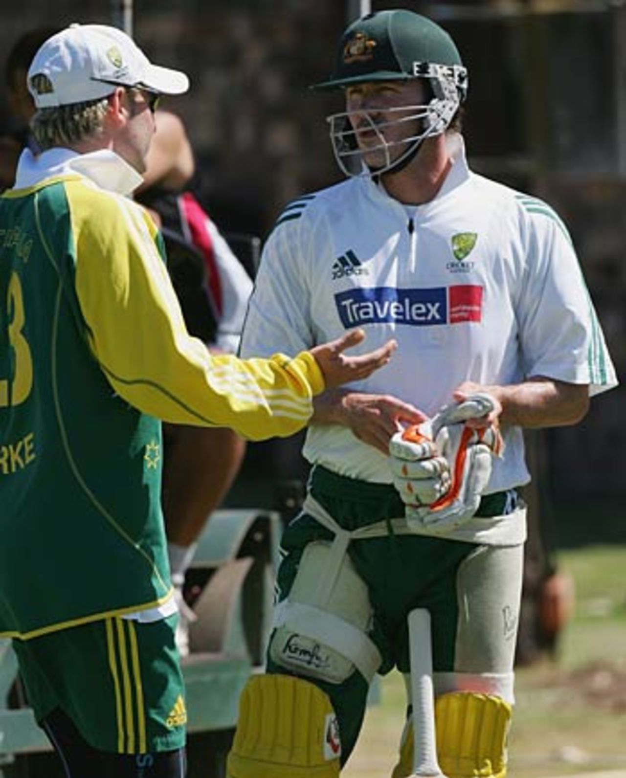 Talking tactics: Michael Clarke and Damien Martyn in deep discussion, Port Elizabeth, March 4, 2006