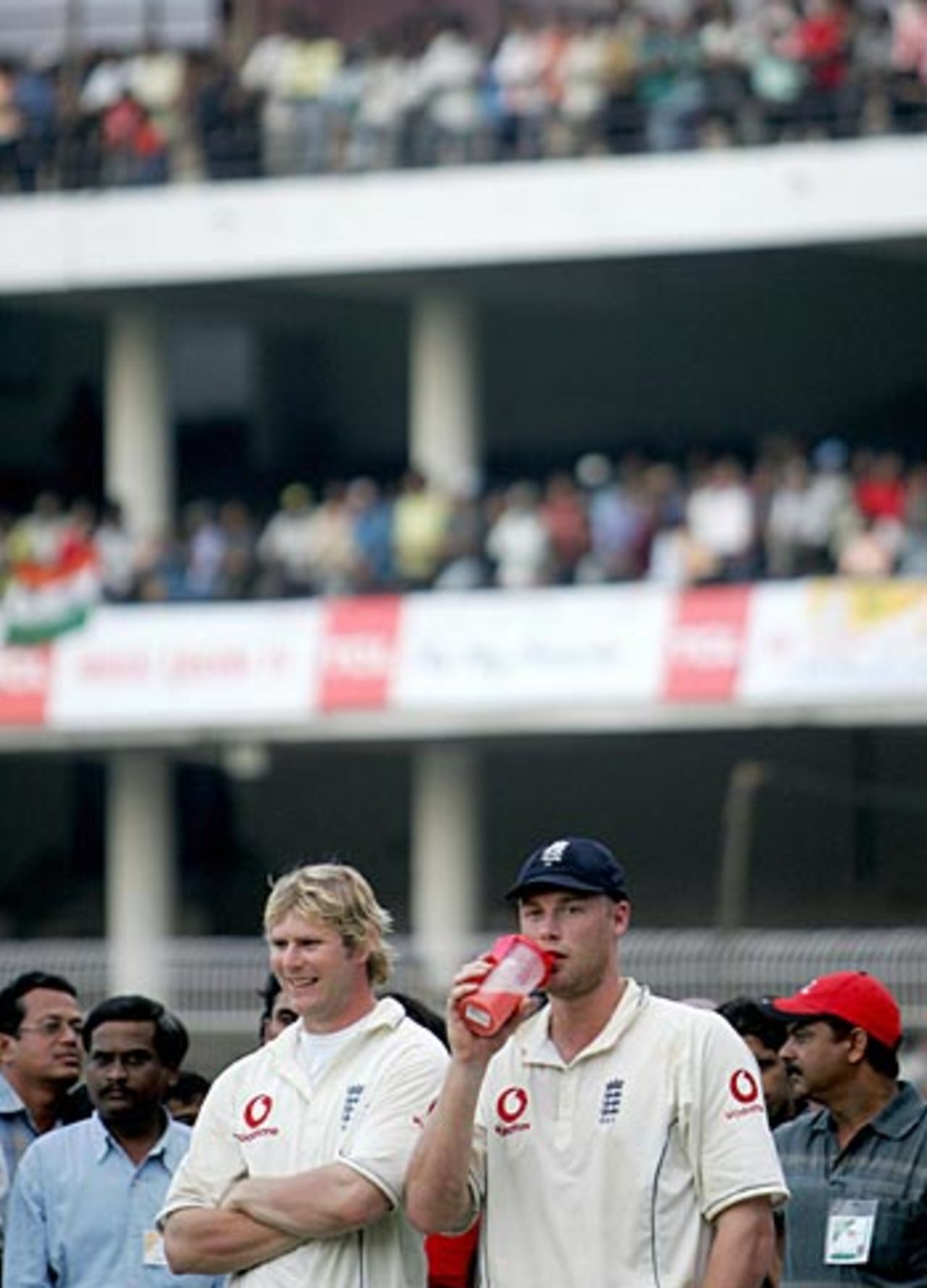 Man of the Match Matthew Hoggard with Andrew Flintoff during the post-match ceremony, India v England, 1st Test, Nagpur, March 5, 2006