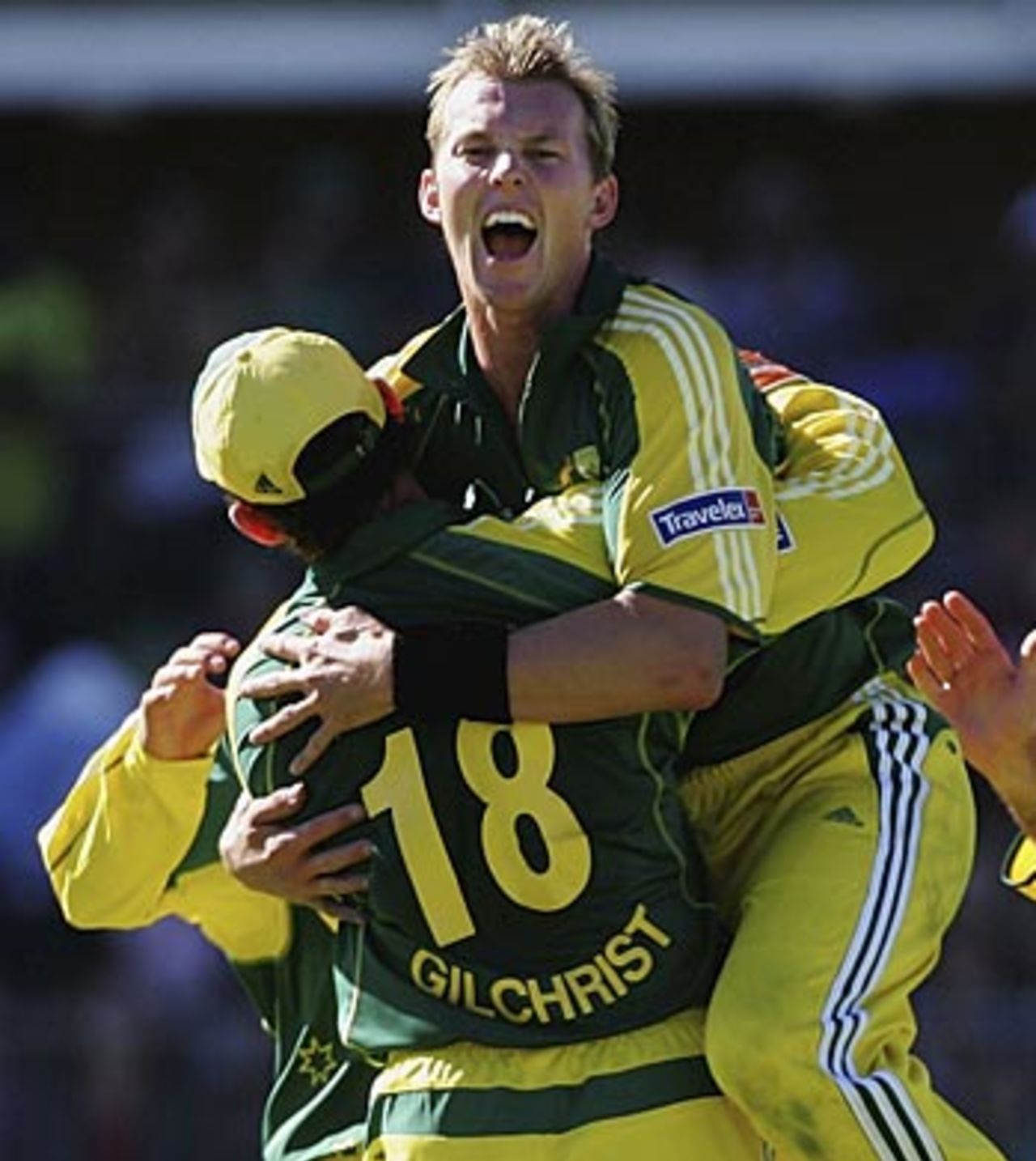 A pumped-up Brett Lee celebrates dismissing Mark Boucher, South Africa v Australia, 3rd ODI, Port Elizabeth, March 5, 2006