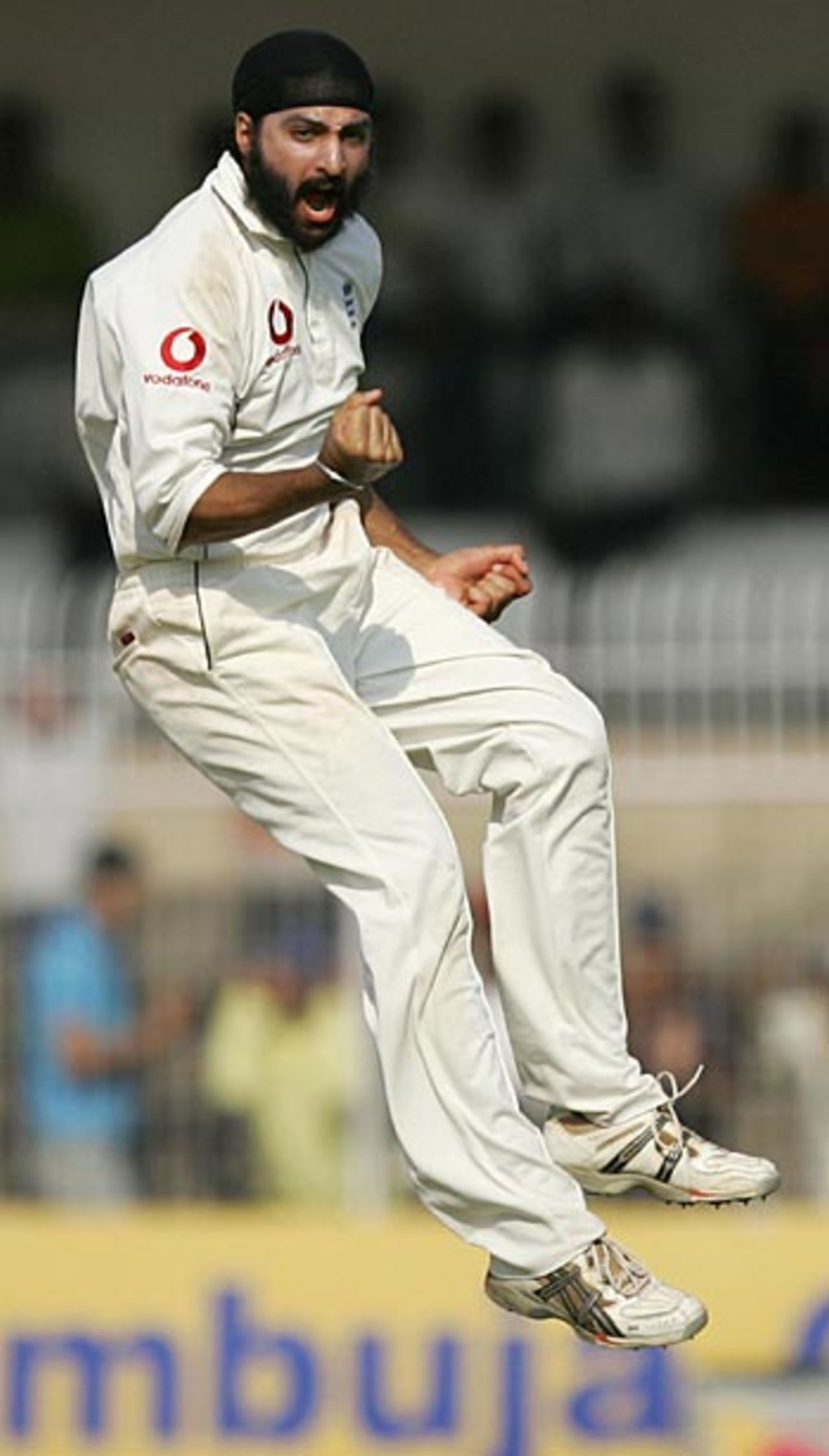 Monty Panesar leaps for joy after dismissing Rahul Dravid, India v England, 1st Test, Nagpur, March 5, 2006