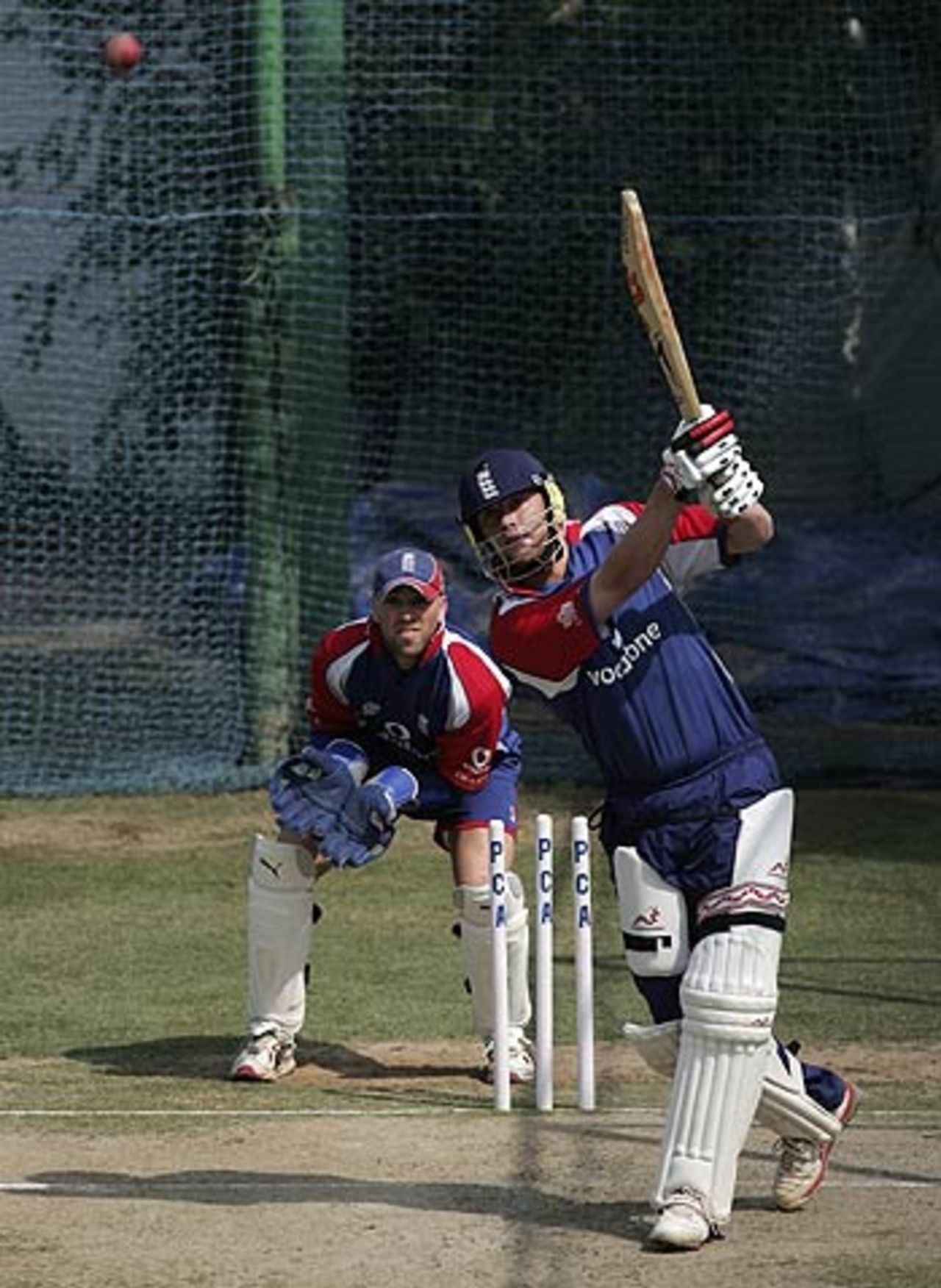 Andrew Flintoff frees his arms at a net session, Mohali, March 7, 2006
