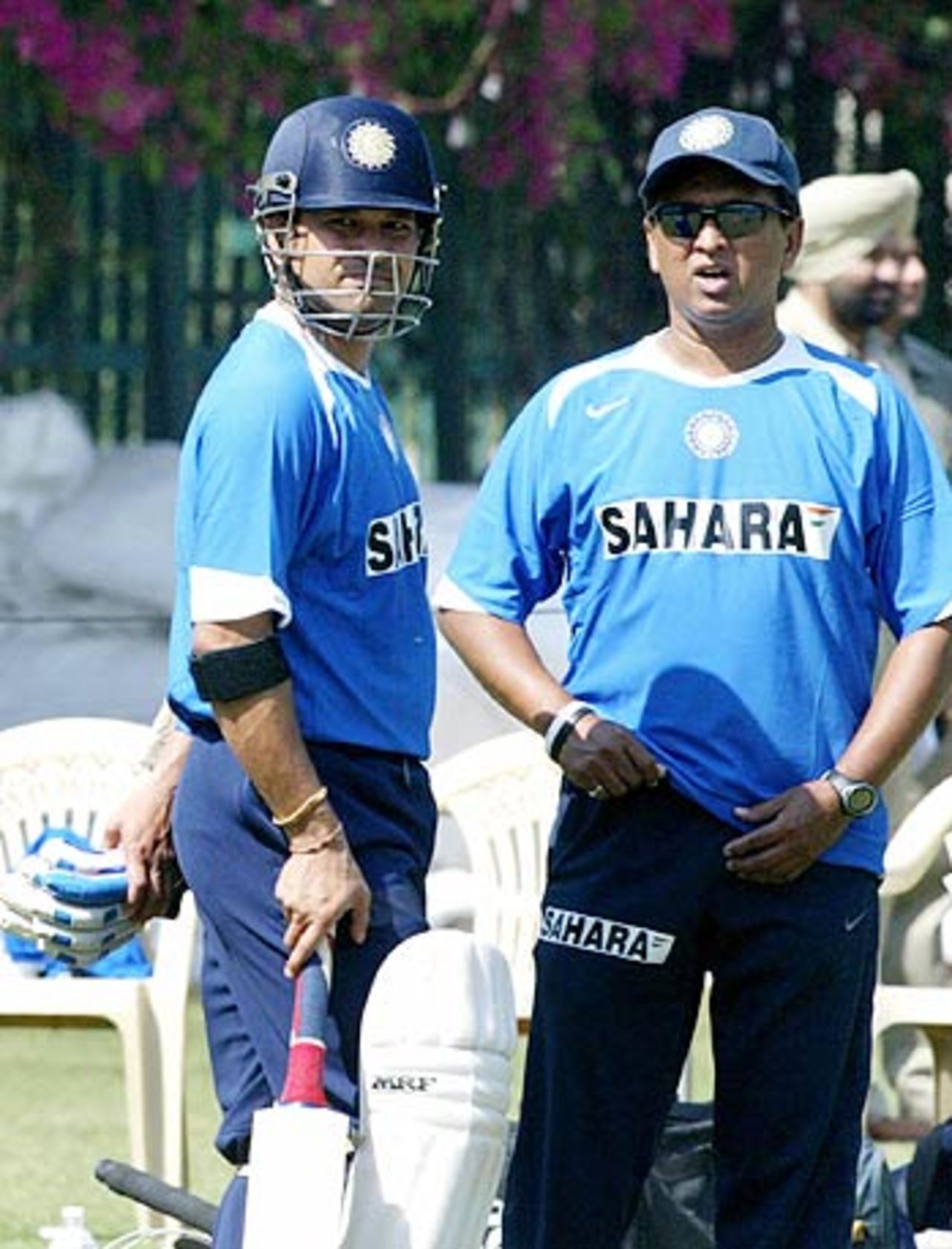 Sachin Tendulkar and Kiran More during practice on the eve of the second Test, PCB Stadium, Mohali, March 8, 2006