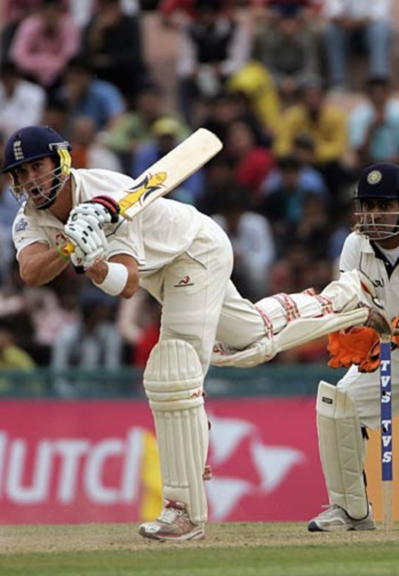 Kevin Pietersen uses his wrists to play a flick shot, India v England, 2nd Test, Mohali, 1st day, March 9, 2006 