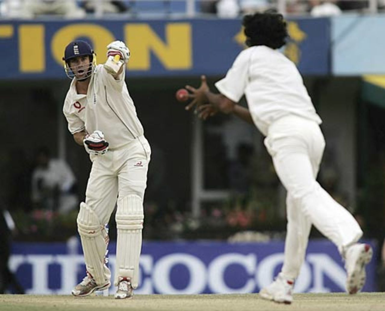 Kevin Pietersen chips a return catch to Munaf Patel as India claimed a vital wicket just before bad light stopped play, India v England, 2nd Test, Mohali, March 9, 2006