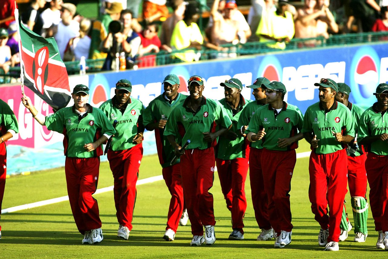 Kenya's players celebrate victory in the World Cup group match, Bangladesh v Kenya, Johannesburg, March 1, 2003