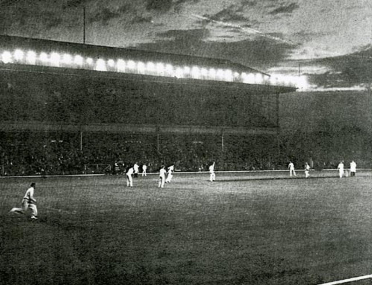 Action from the world's first floodlit match between Arsenal and Middlesex at Arsenal's Highbury ground, August 11, 1952