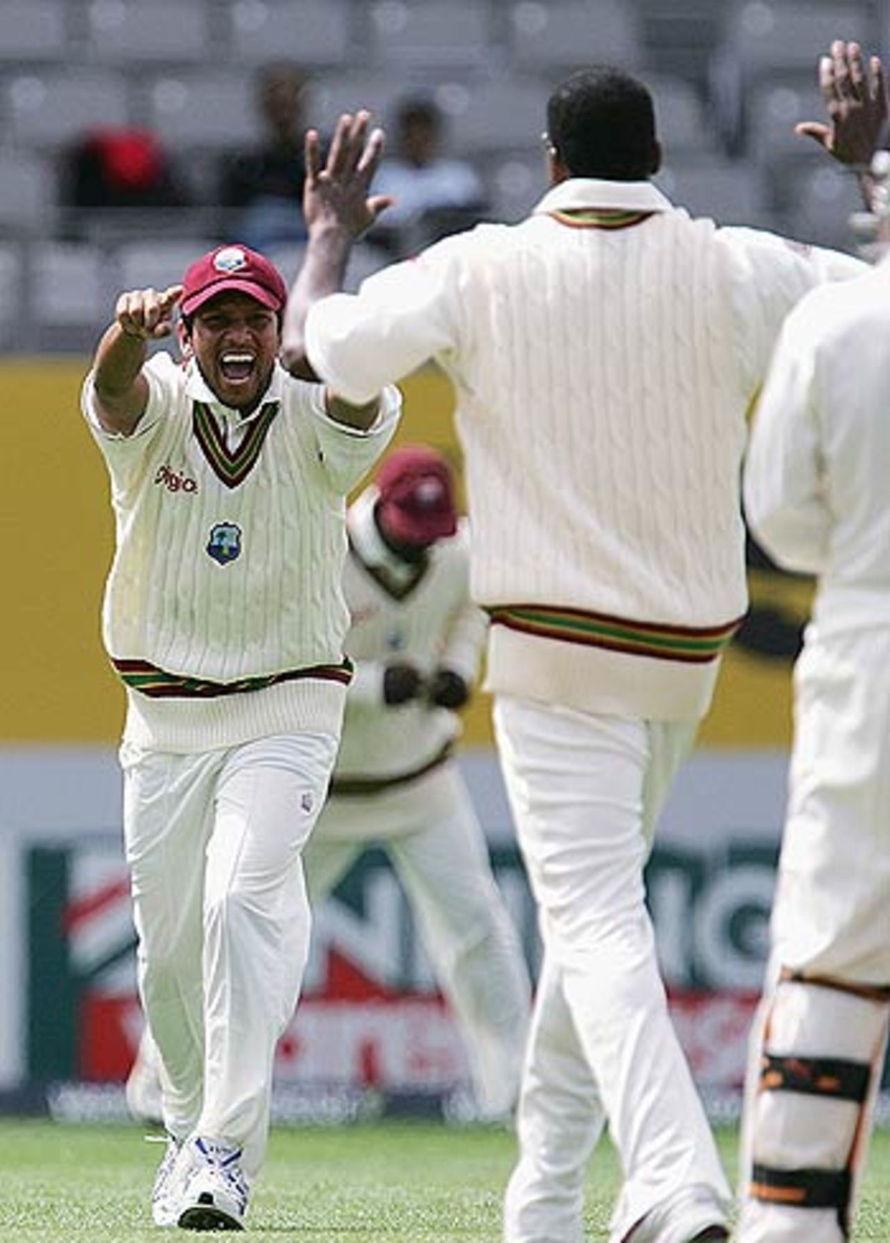 Ramnaresh Sarwan and Chris Gayle are ecstatic after breaking a crucial partnership, New Zealand v West Indies, 1st Test, Auckland, 3rd day, March 11 2006
