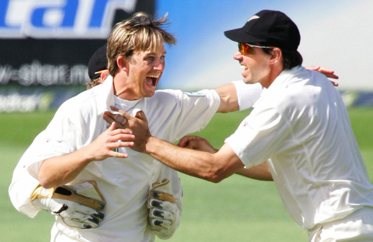 Shane Bond celebrates after bowling Brian Lara, New Zealand v West Indies, 1st Test, Auckland, 4th day, March 12, 2006