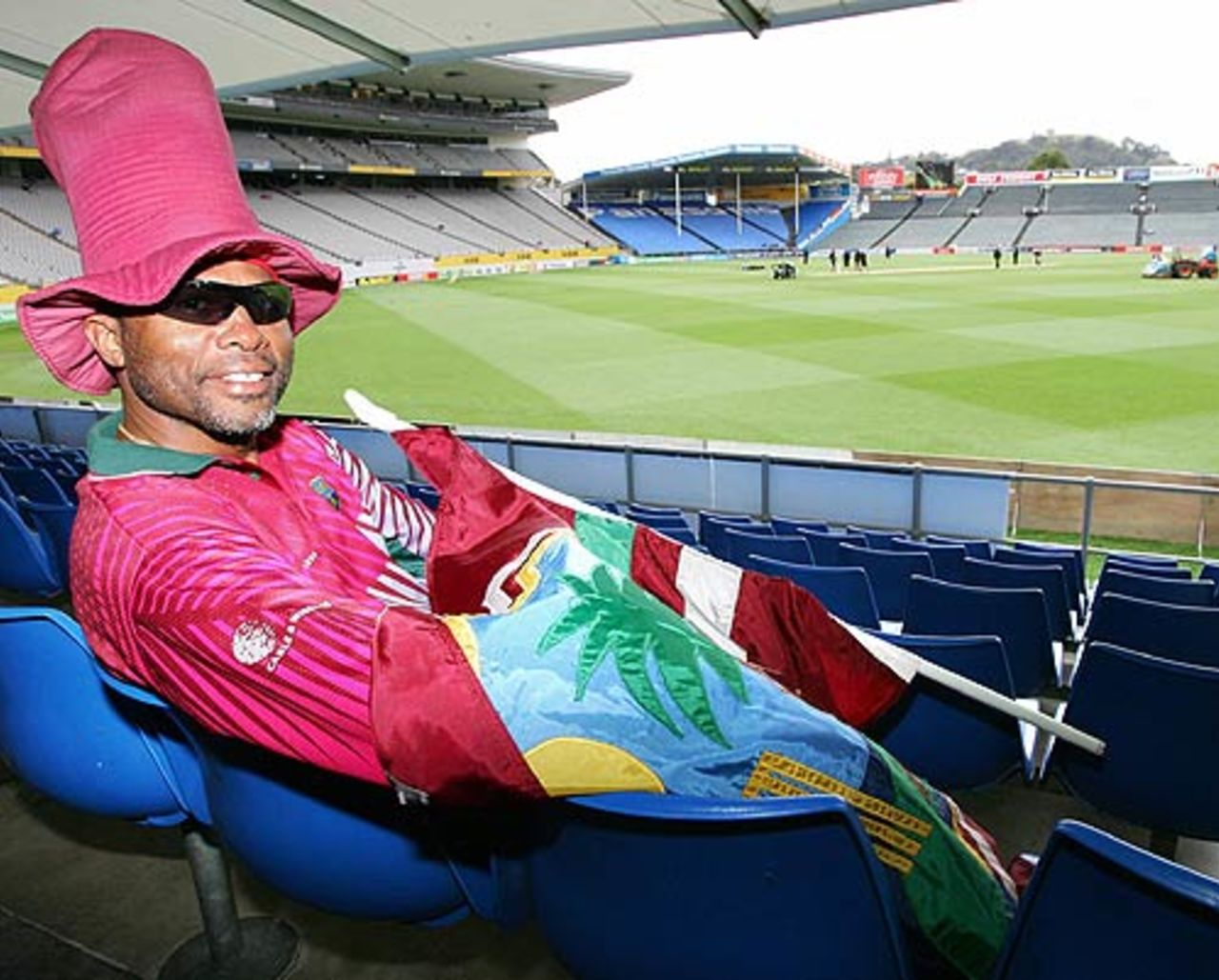 Peter Matthews, a West Indies fan, relaxes in the stands during a rain-affected day, New Zealand v West Indies, 1st Test, Auckland, 4th day, March 12, 2006