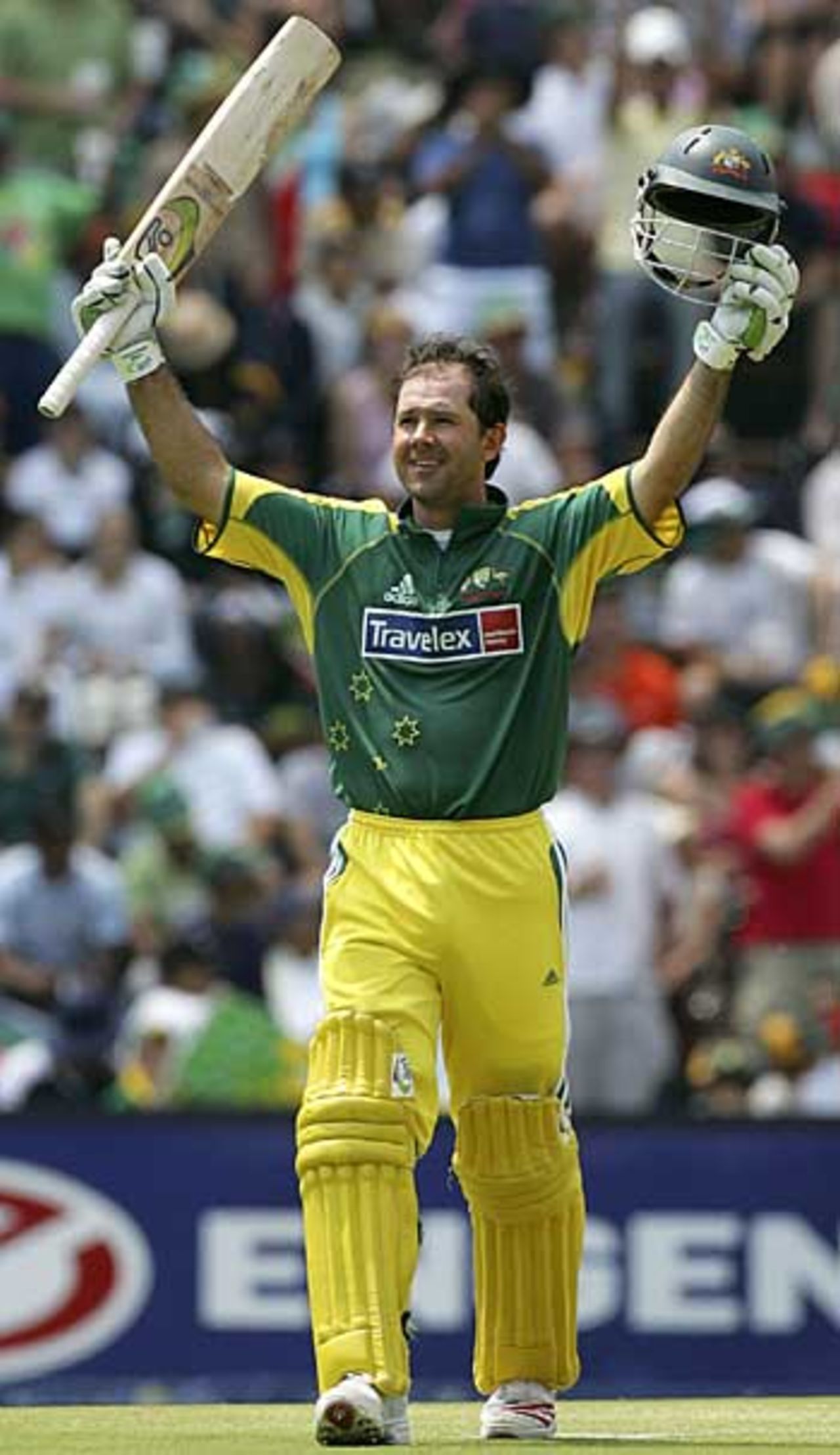 Ricky Ponting raises his arms on reaching a memorable hundred. He eventually fell for 164, South Africa v Australia, 5th ODI, Johannesburg, March 12, 2006