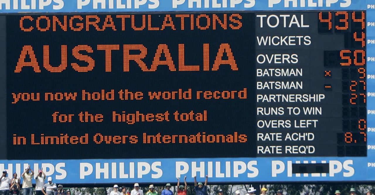 The scoreboard showing Australia's world record score of 434 for 4, South Africa v Australia, 5th ODI, Johannesburg, March 12, 2006