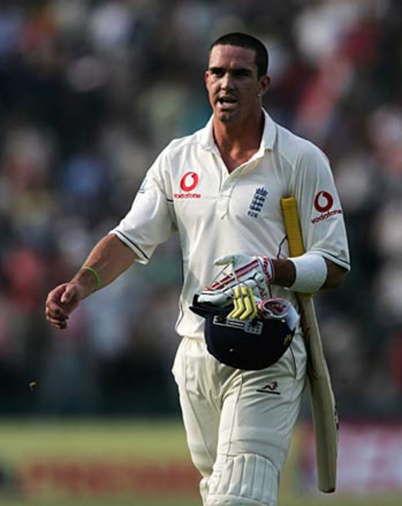 Kevin Pietersen after being given out caught off his arm, for a duck, against Harbhajan Singh, India v England, 2nd Test, Mohali, March 12, 2006