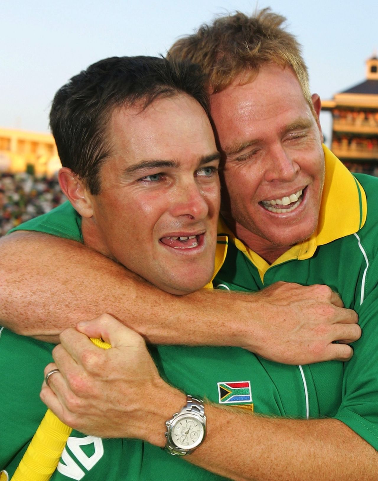 Mark Boucher celebrates with his relieved - and absent - team-mate, Shaun Pollock, after South Africa's unbelievable, record breaking, chase, South Africa v Australia, 5th ODI, Johannesburg, March 12, 2006