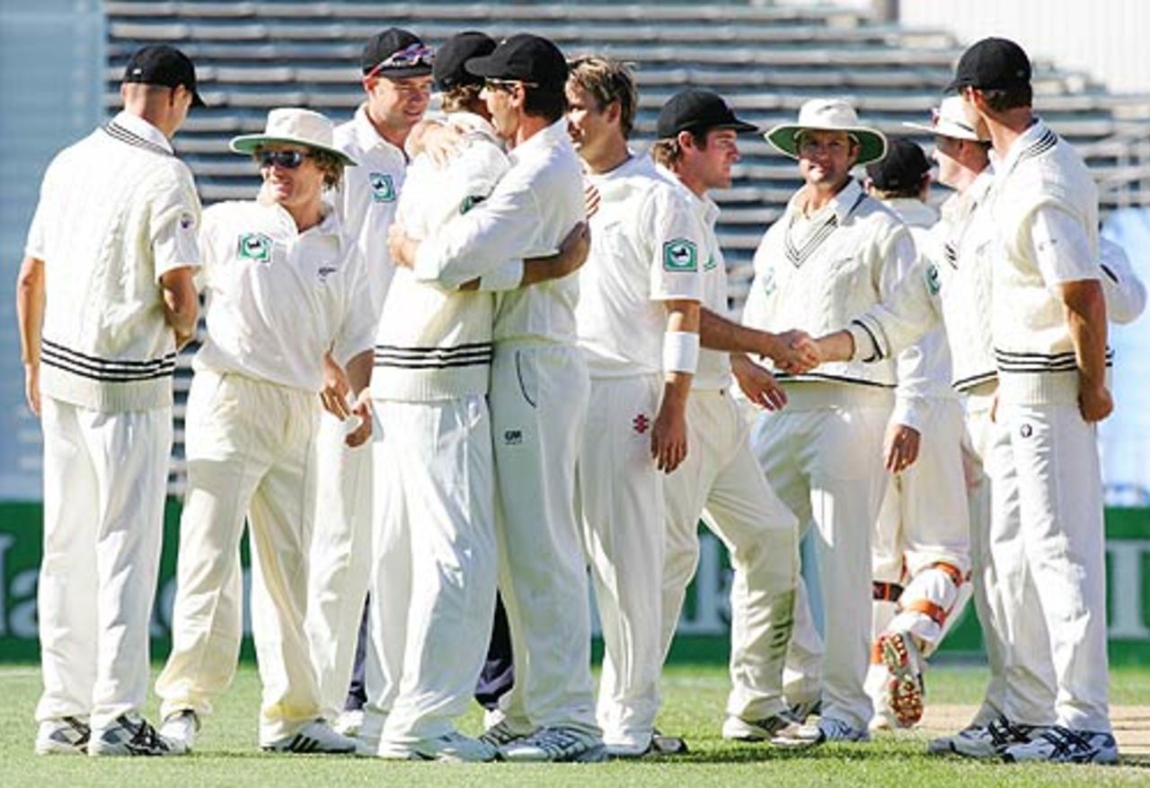 New Zealand celebrate their narrow victory, New Zealand v West Indies, 1st Test, Auckland, 5th day, March 13 2006