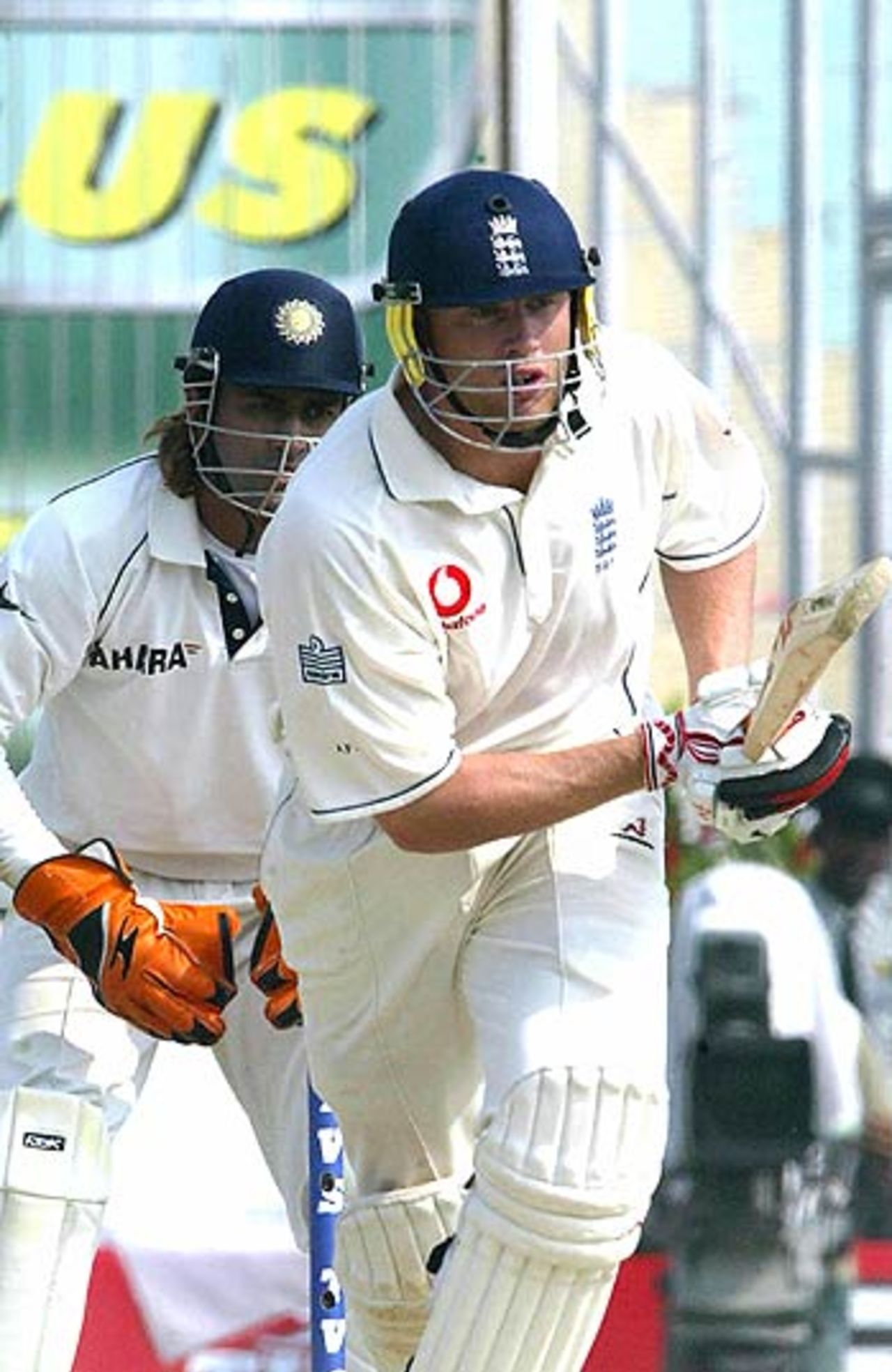 Andrew Flintoff drives on course to his half-century, India v England, 2nd Test, Mohali, 5th day, March 13 2006