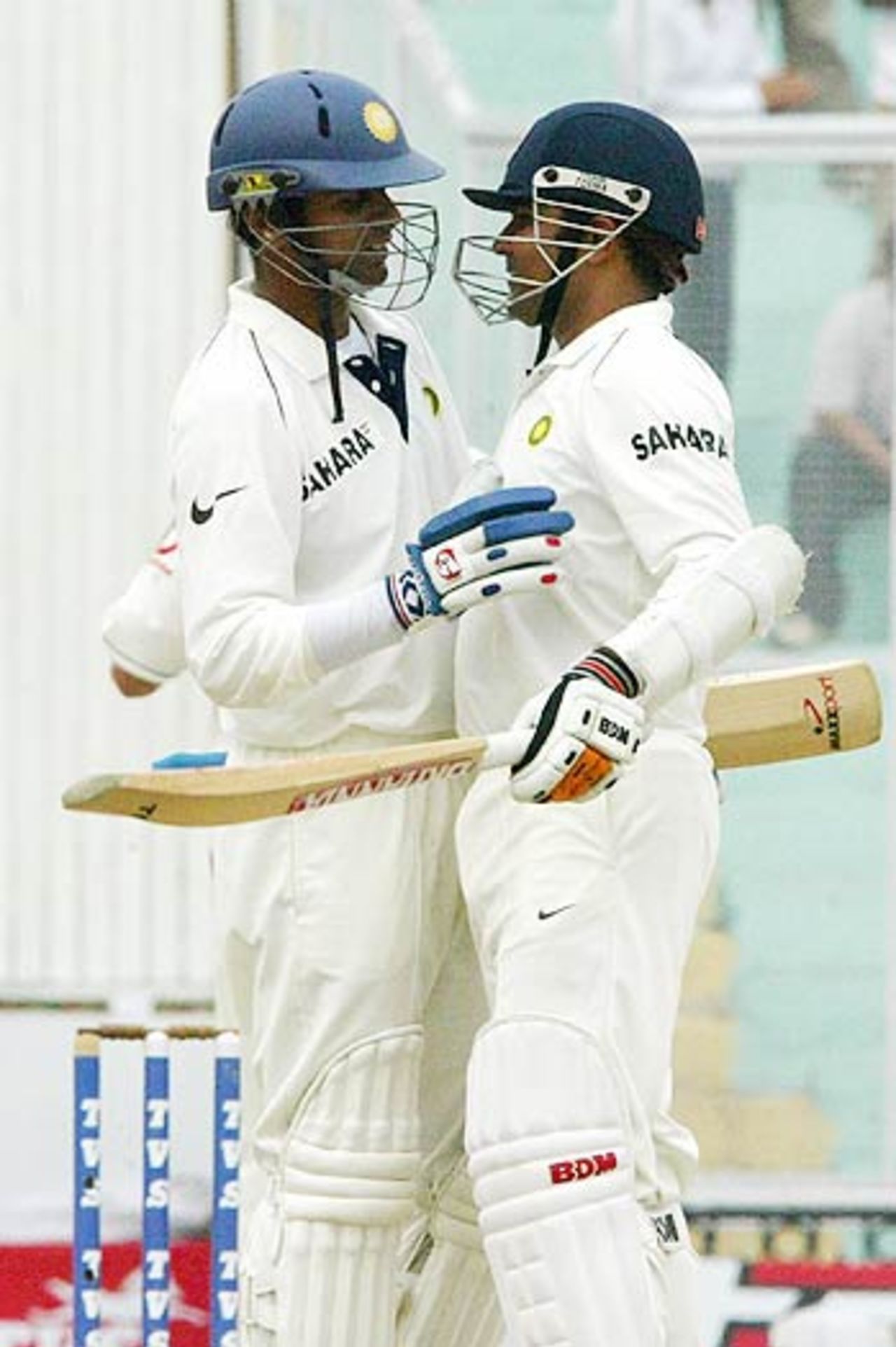 Virender Sehwag and Rahul Dravid celebrate the triumph, India v England, 2nd Test, Mohali, March 13, 2006
