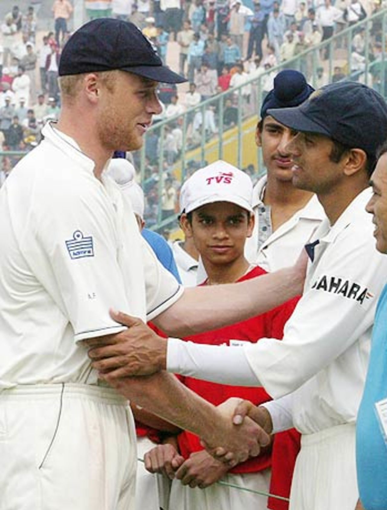 Andrew Flintoff congratulates Rahul Dravid after the Mohali Test, India v England, 2nd Test, Mohali, March 13, 2006