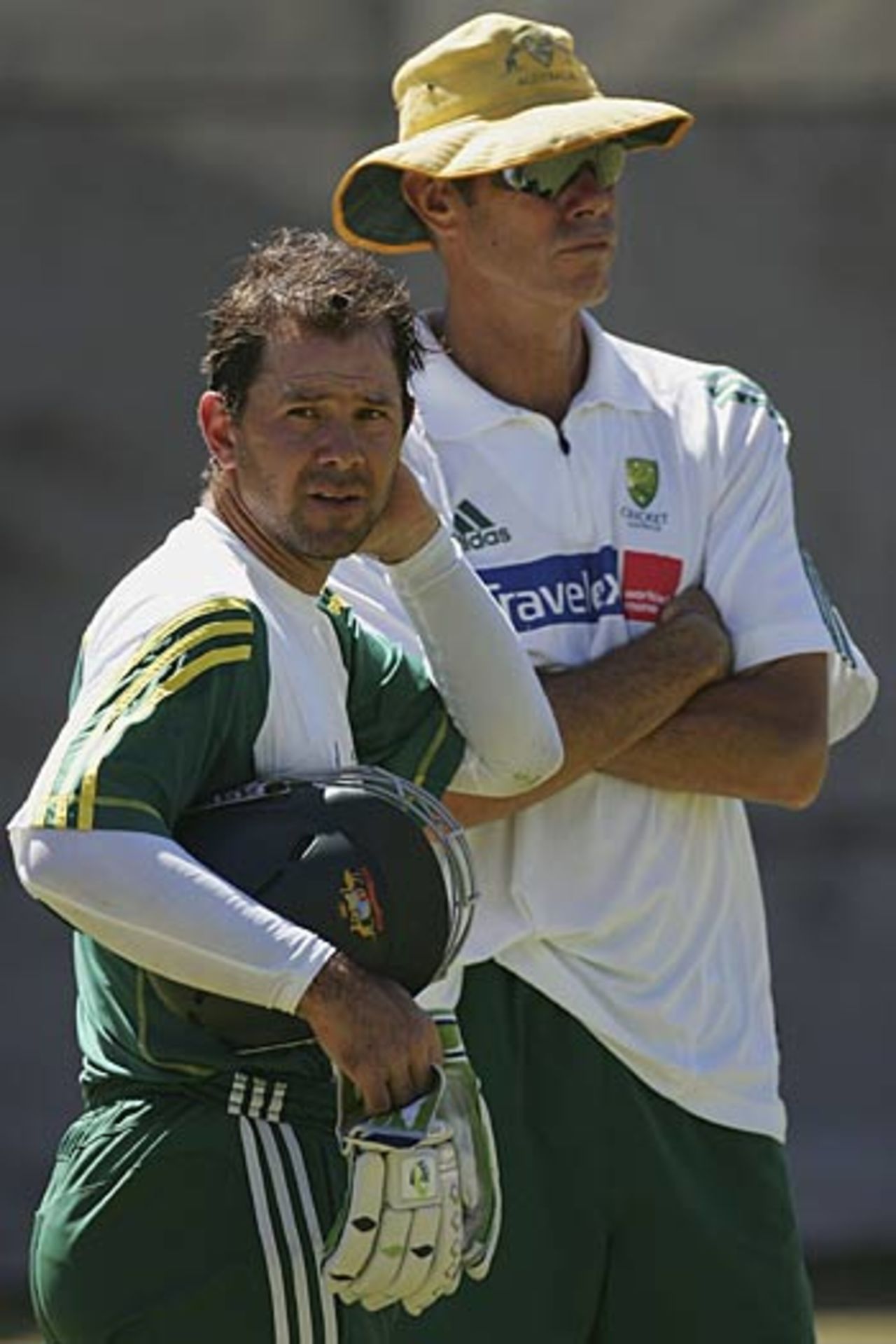 Ricky Ponting and John Buchanan contemplate tactics as Australia prepare for the first Test against South Africa, Cape Town, March 14, 2006