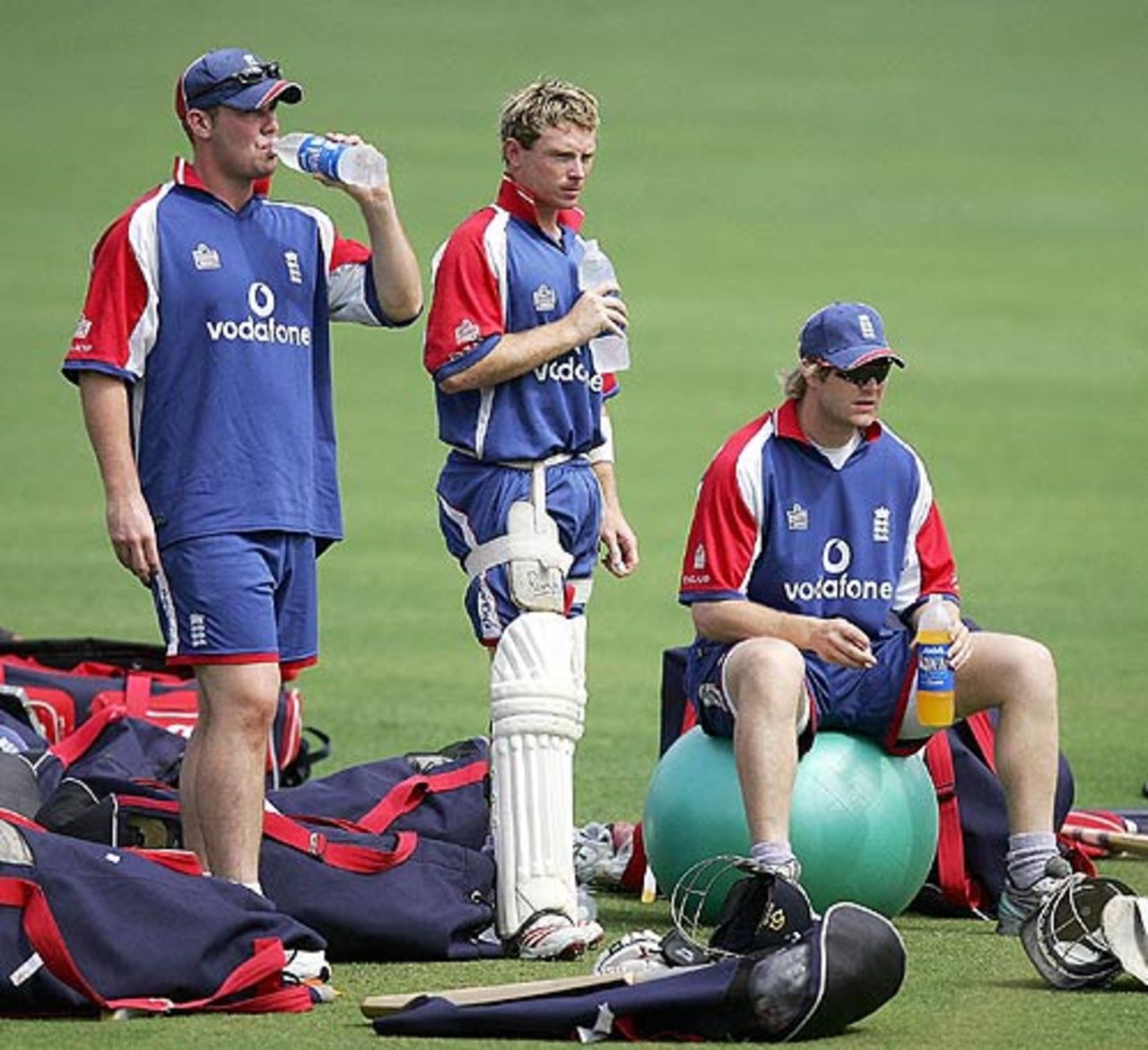 Ian Blackwell, Ian Bell and Matthew Hoggard take a breather during practice at the Wankhede Stadium, Mumbai, March 16, 2006