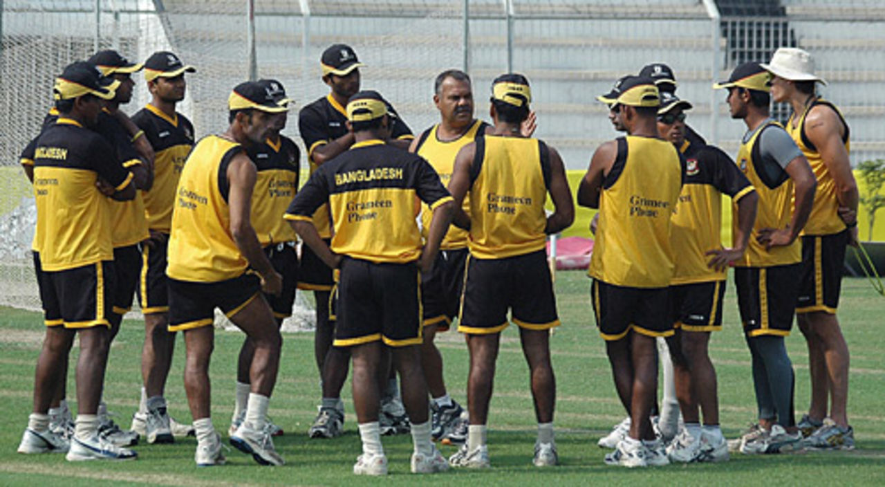 Dav Whatmore talks to to his players at a net session ahead of the first one-dayer, Bogra, March 16, 2006