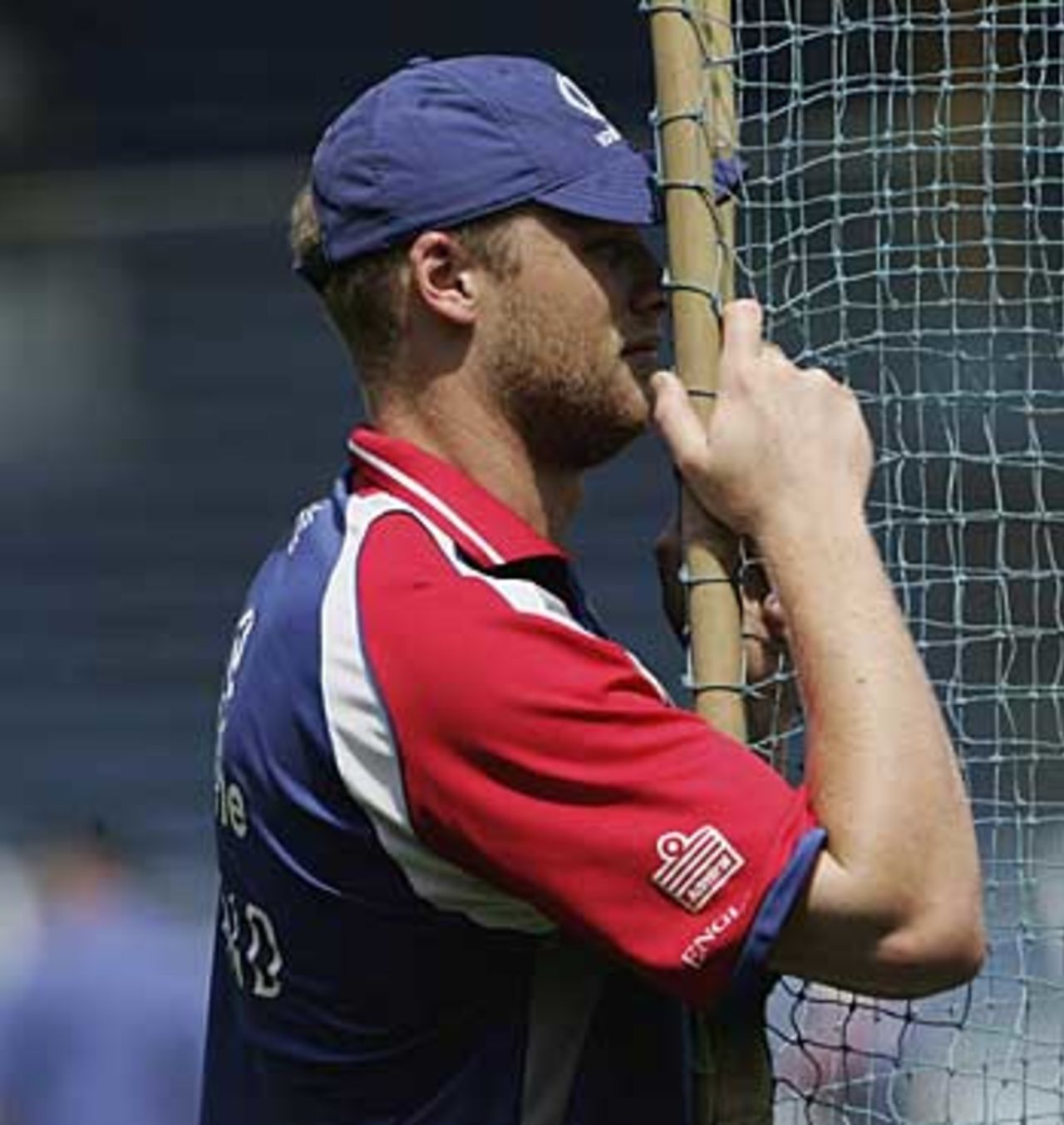 Andrew Flintoff ponders his options ahead of the third Test against India during a net session at Mumbai, March 16, 2006