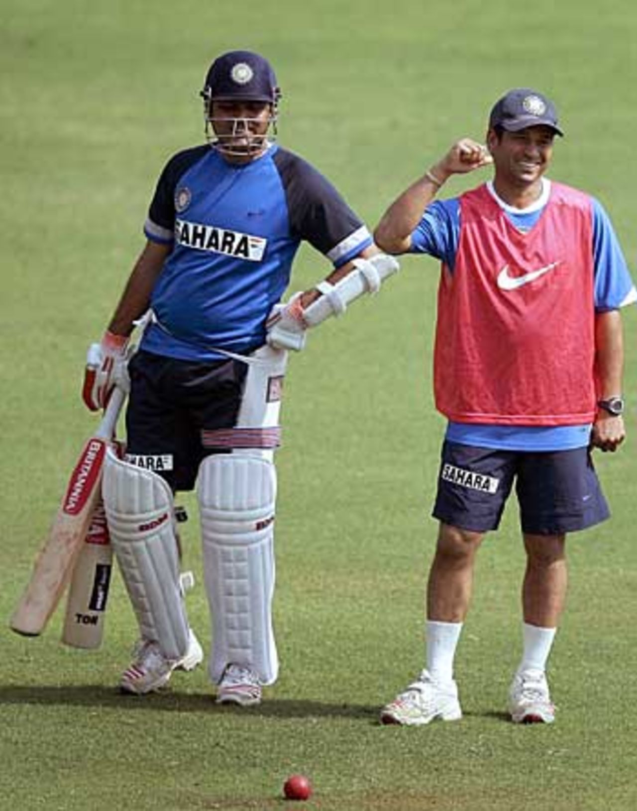 Virender Sehwag and Sachin Tendulkar share a joke in the nets, Wankhede Stadium, Mumbai, March 17 2006