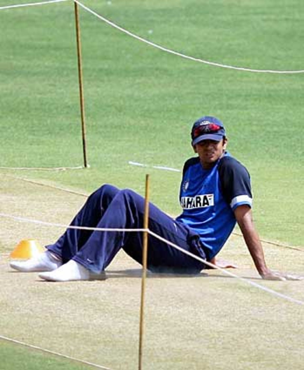Rahul Dravid takes a breather on the pitch during a training session, Wankhede Stadium, Mumbai, March 17 2006