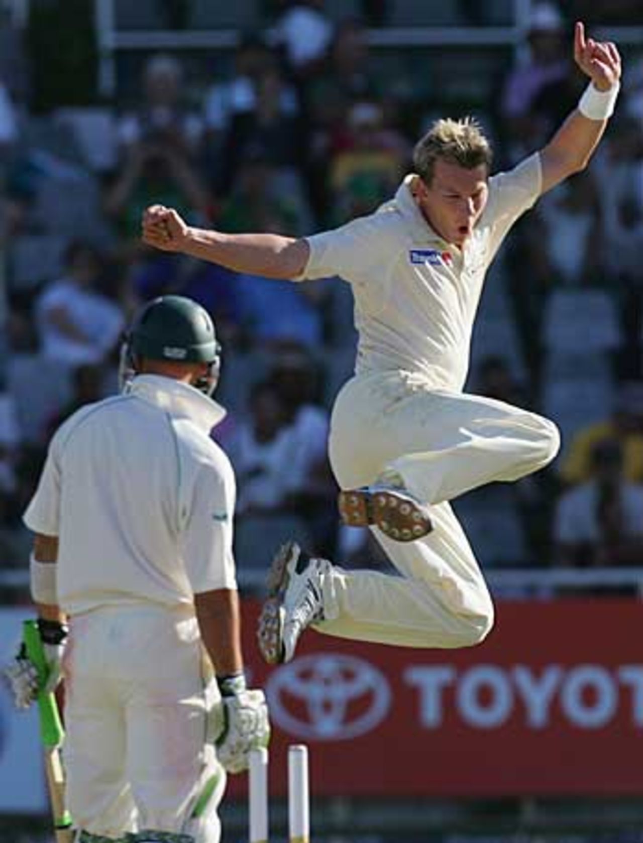 Brett Lee jumps for joy after bowling Herschelle Gibbs, South Africa v Australia, 1st Test, Cape Town, March 17, 2006