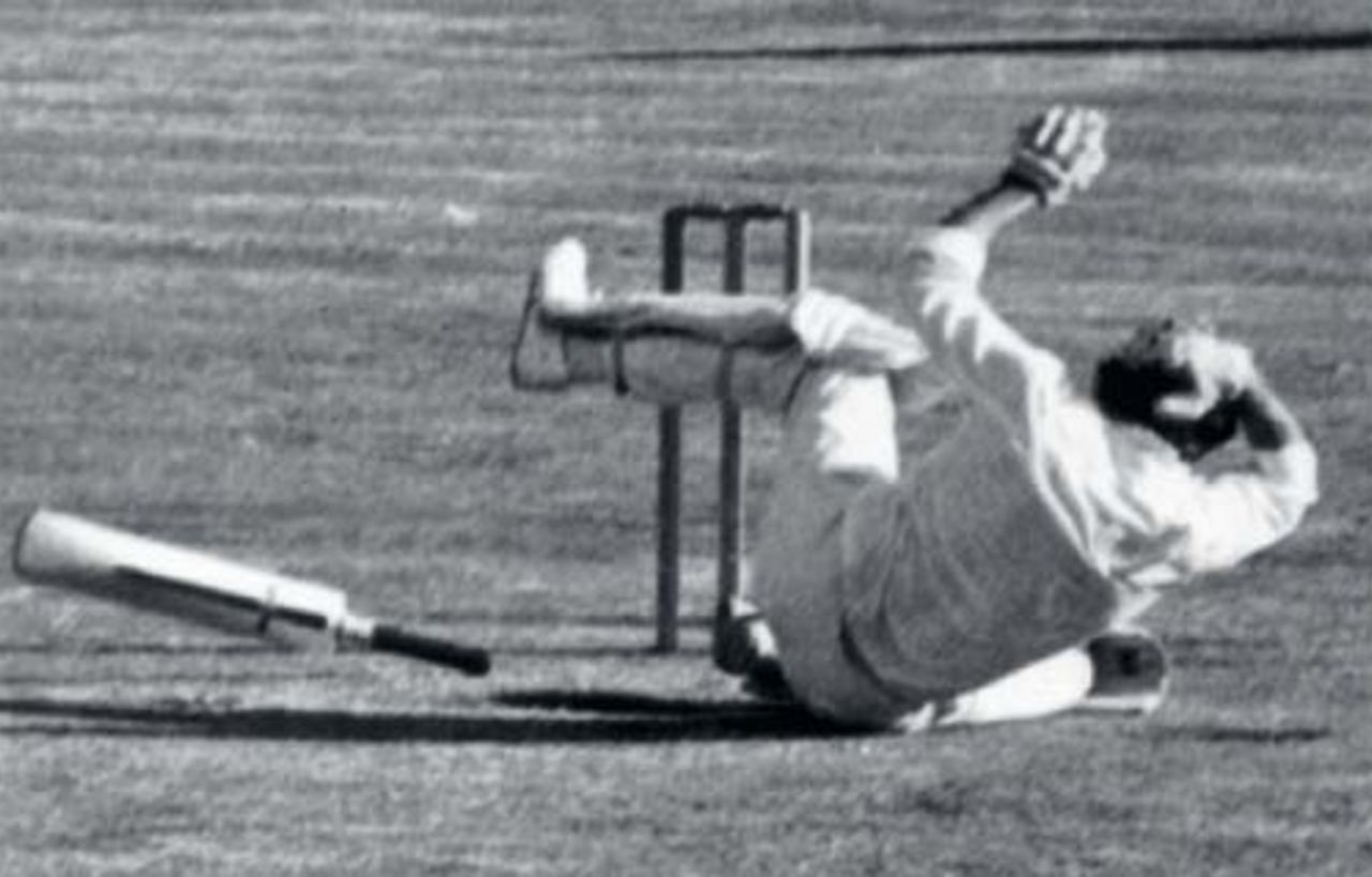 Terry Jenner falls after being stuck by a John Snow bouncer, Australia v England, Sydney, February 13 1971