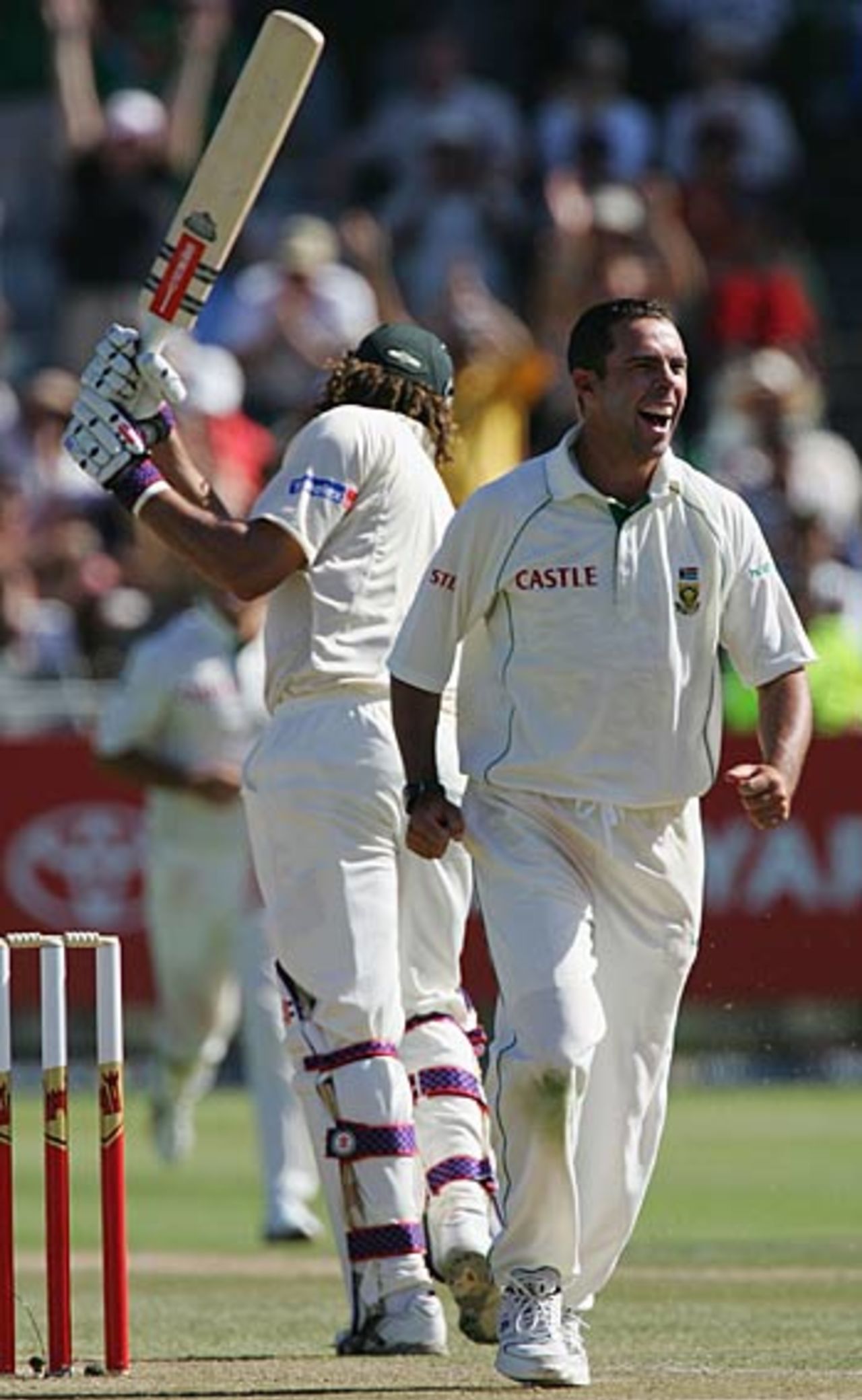 Nicky Boje cracks a smile after removing Andrew Symonds, who had smashed four sixes off the spinner before finding long off, South Africa v Australia, 1st Test, Cape Town, March 17, 2006