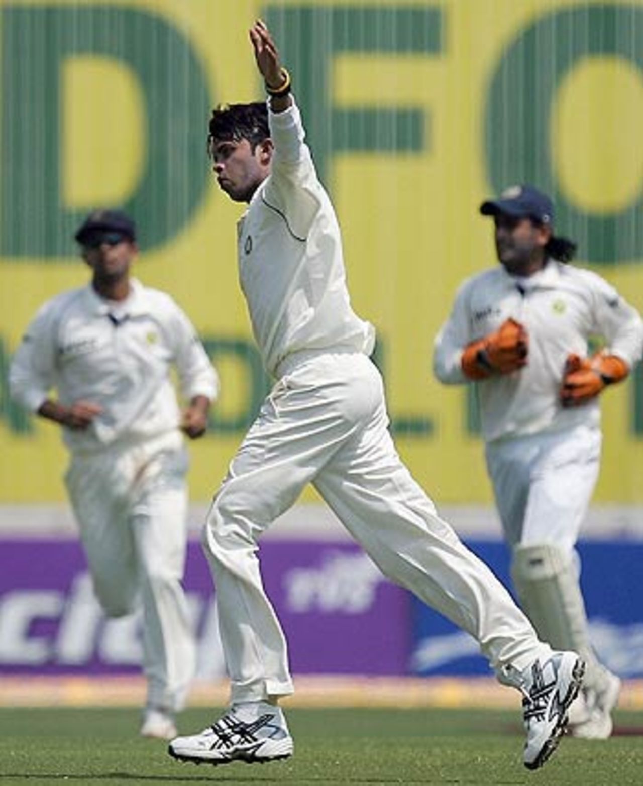 Sreesanth takes off after dismissing Ian Bell, India v England, 3rd Test, Mumbai, 1st day, March 18, 2006