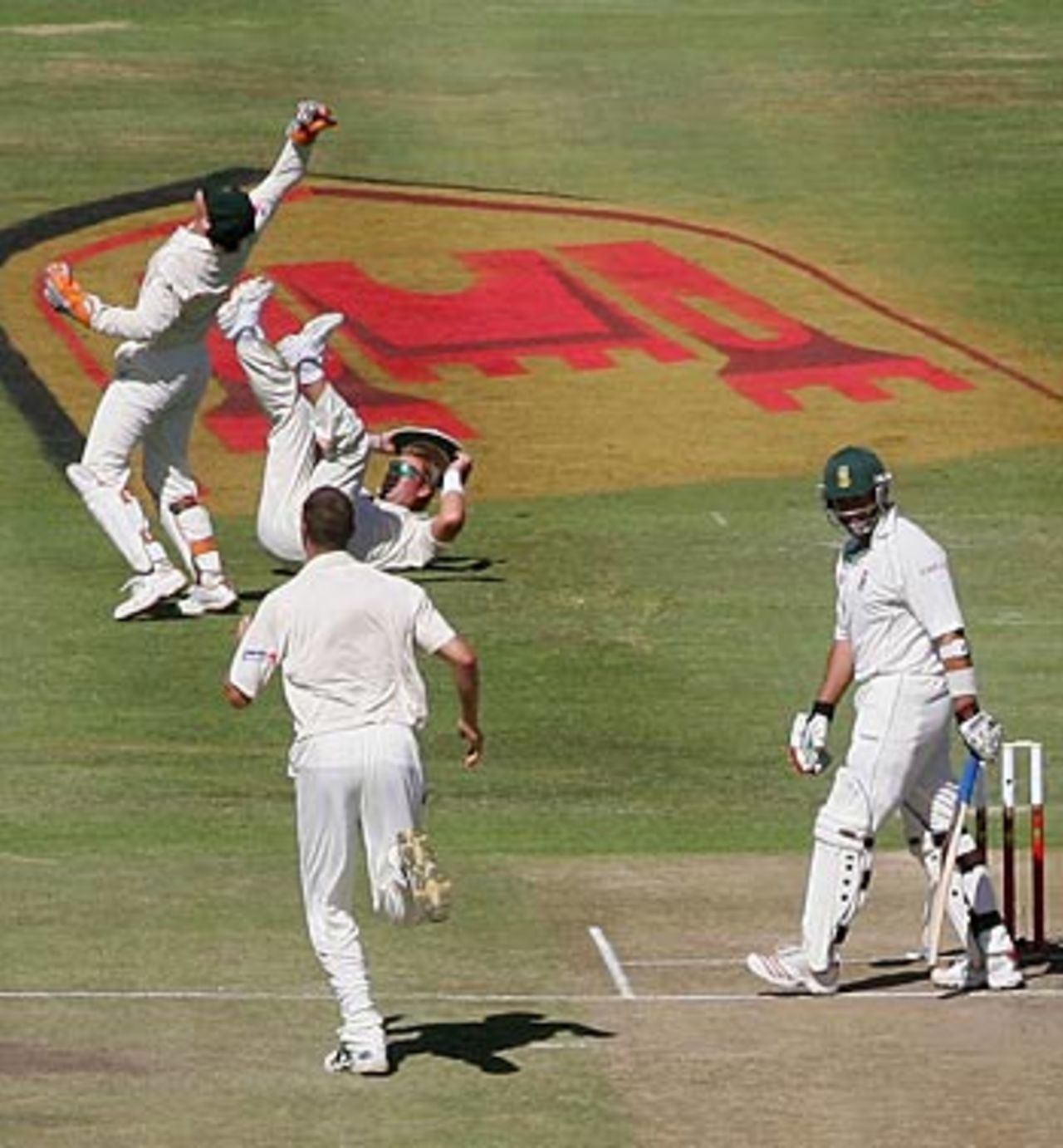 Jacques Kallis is caught behind by Adam Gilchrist, a stunning one-handed grab, which left South Africa in deep trouble, South Africa v Australia, 1st Test, Cape Town, March 18, 2006
